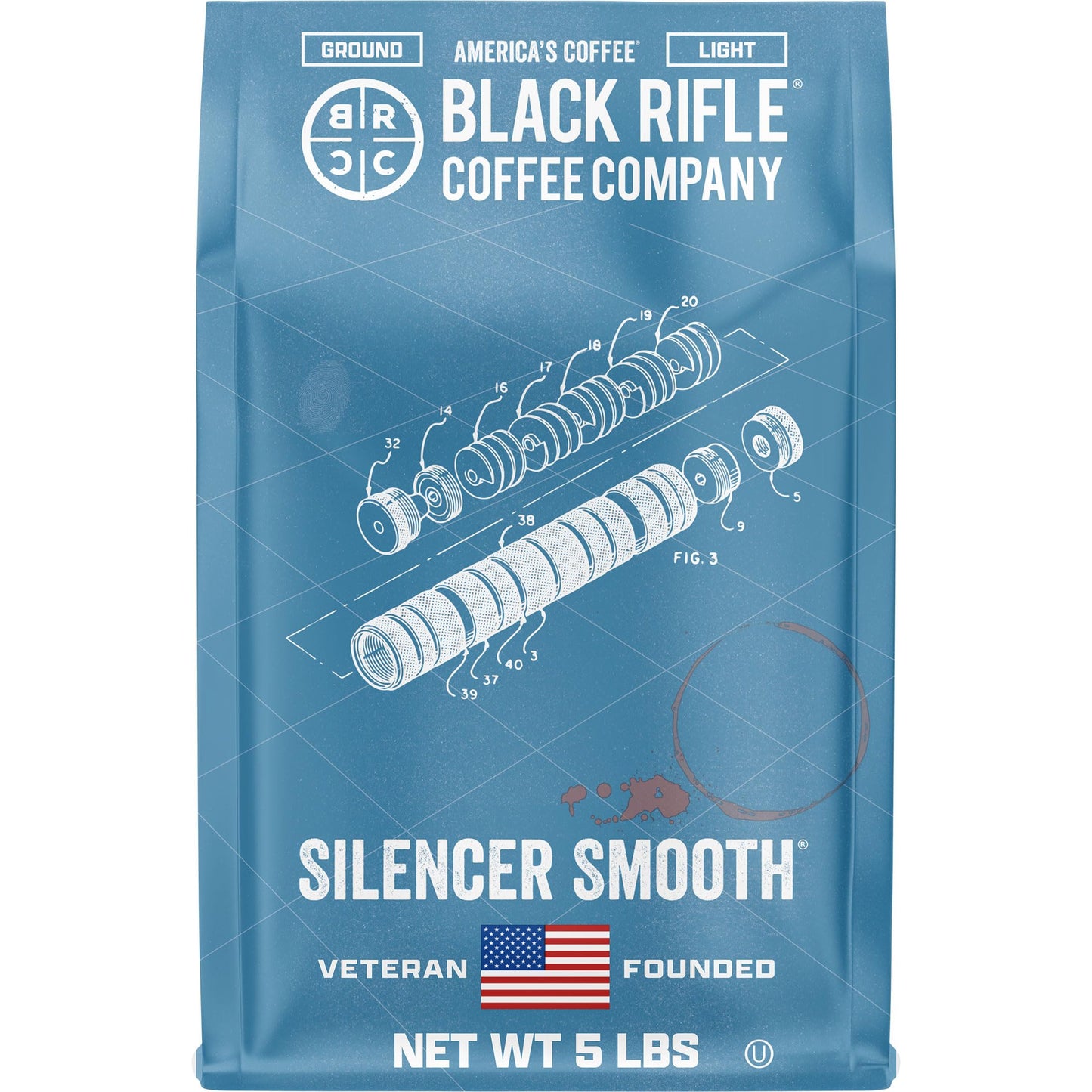 Black Rifle Coffee Company Silencer Smooth, 5 lb Bag, Ground Coffee Light Roast - Roasted Blend Made from Arabica Beans - Colombian & Brazilian Beans