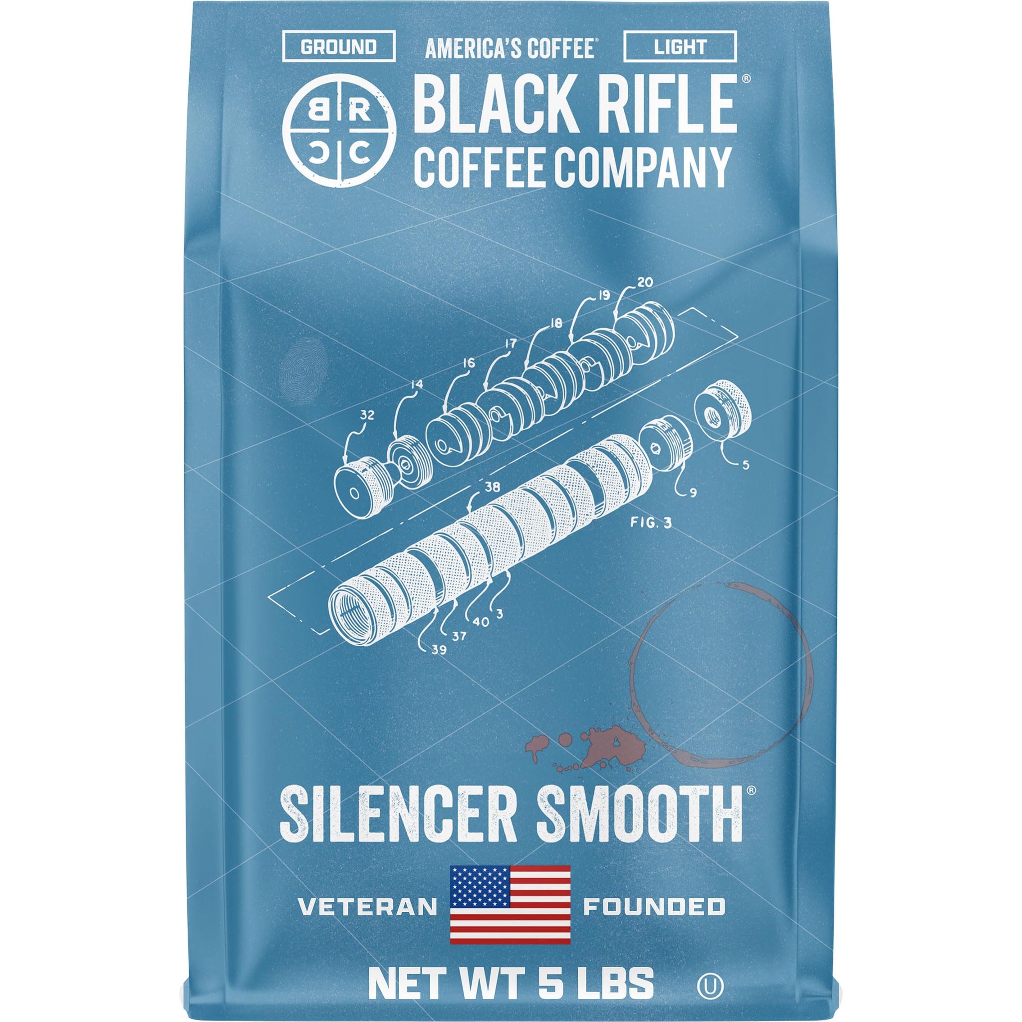 Black Rifle Coffee Company Silencer Smooth, 5 lb Bag, Ground Coffee Light Roast - Roasted Blend Made from Arabica Beans - Colombian & Brazilian Beans