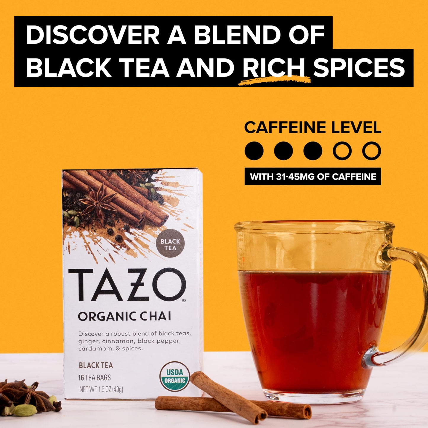 TAZO Organic Chai Black Tea Bags, Caffeinated tea, 16 Total Bags