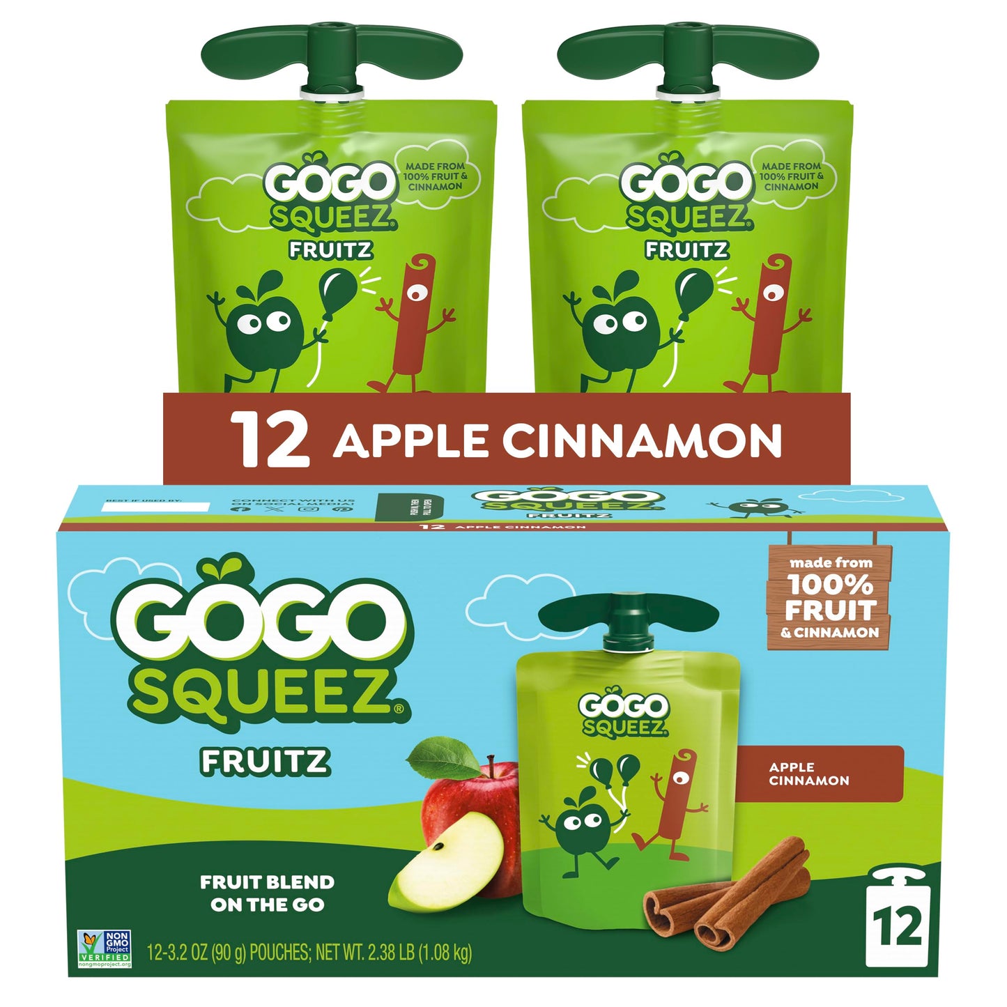 GoGo squeeZ No Sugar Added Applesauce and Fruit Puree, Apple Cinnamon, 3.2 oz Pouches (Pack of 12), Fruit Snacks for Kids, Gluten Free, Nut Free