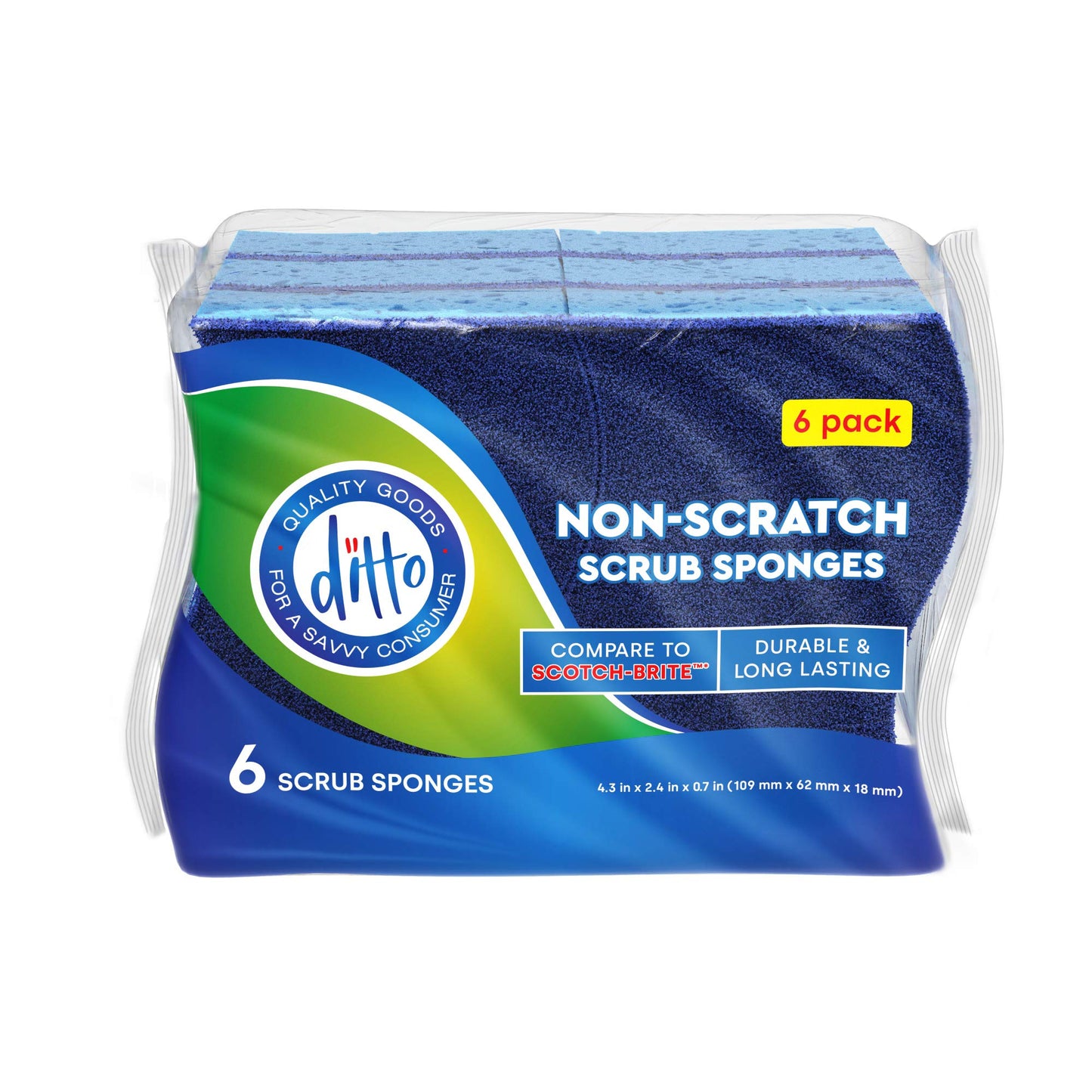 Ditto Non-Scratch Scrub Sponges (6 Pack) - Durable and Long Lasting - Safe On All Surfaces…