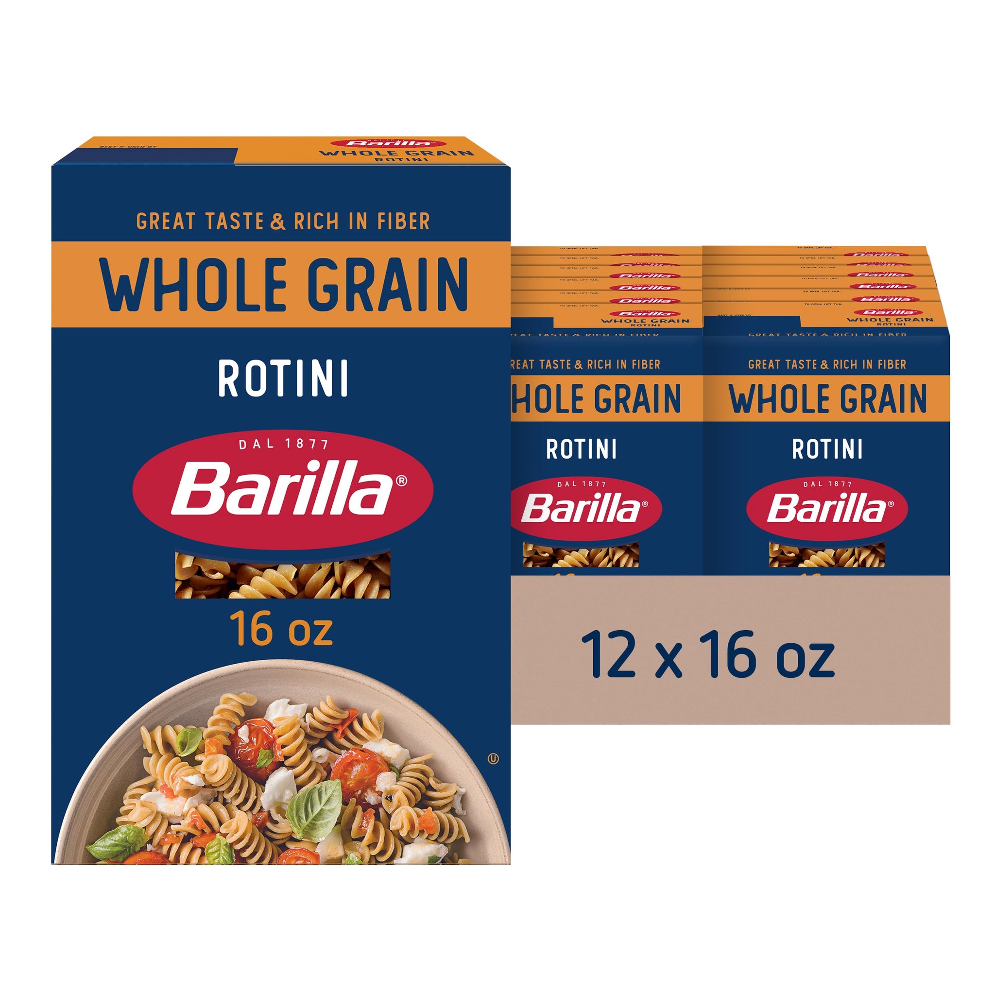 Barilla Whole Grain Rotini Pasta, 16 oz. Box (Pack of 12) - Non-GMO, Made With 100% Whole Grain Durum Wheat - Great Source of Fiber