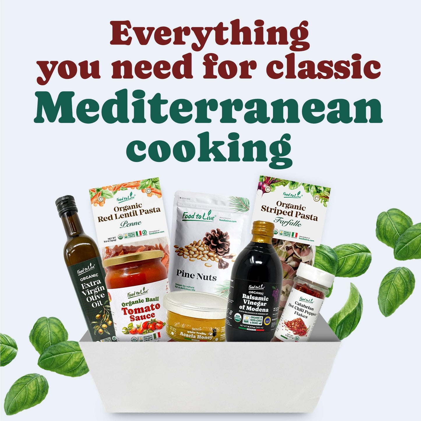 Food To Live Mediterranean Gourmet Gift Basket - Organic Italian Non-GMO Basil Tomato Sauce, Pasta, Balsamic Vinegar of Modena, Extra Virgin Olive