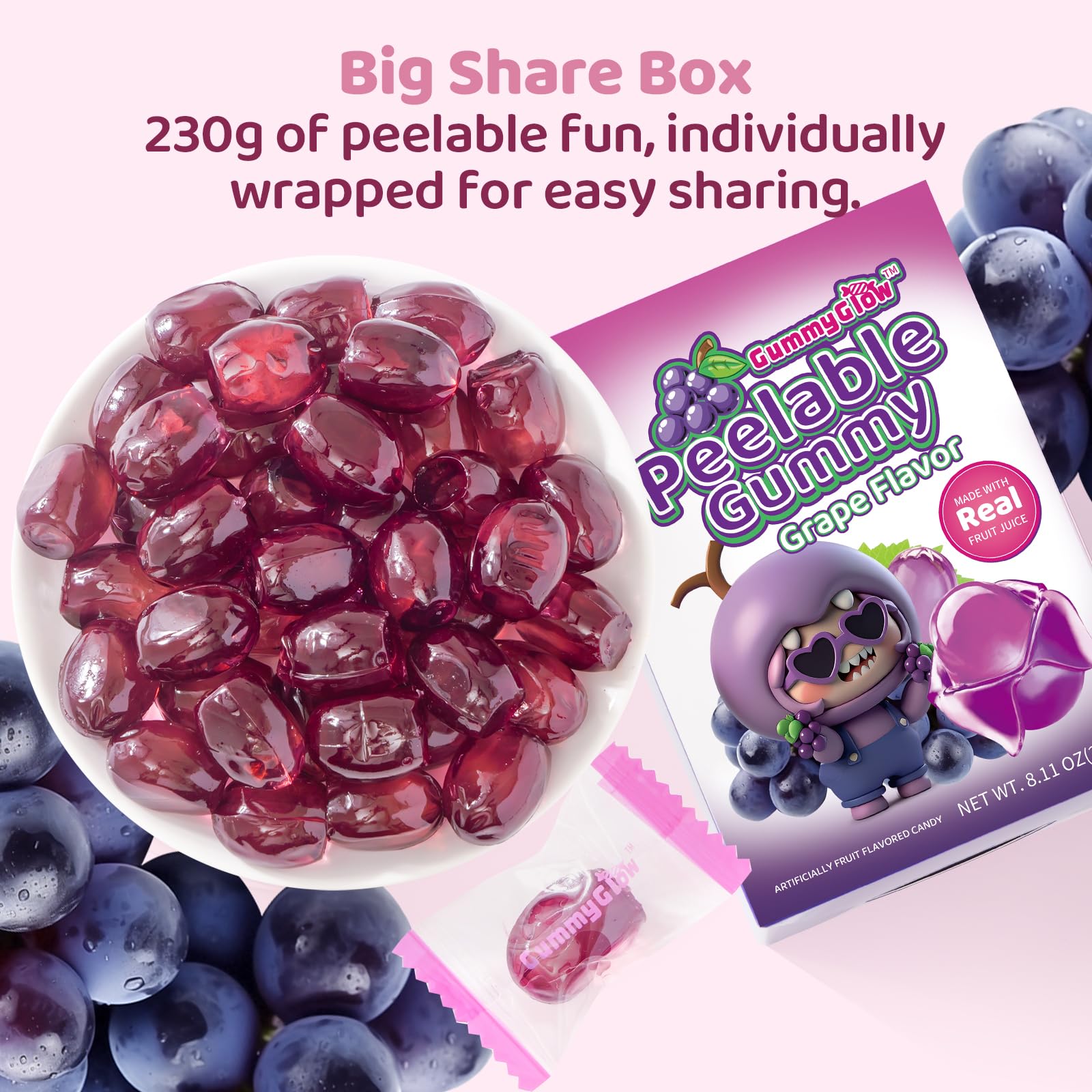 GummyGlow Peelable Fruity Gummy Candy, 8.1oz (230g) Box, 45-55 Individually Wrapped Chewy Candies, Fun to Peel, Perfect for Sharing, Party Favors