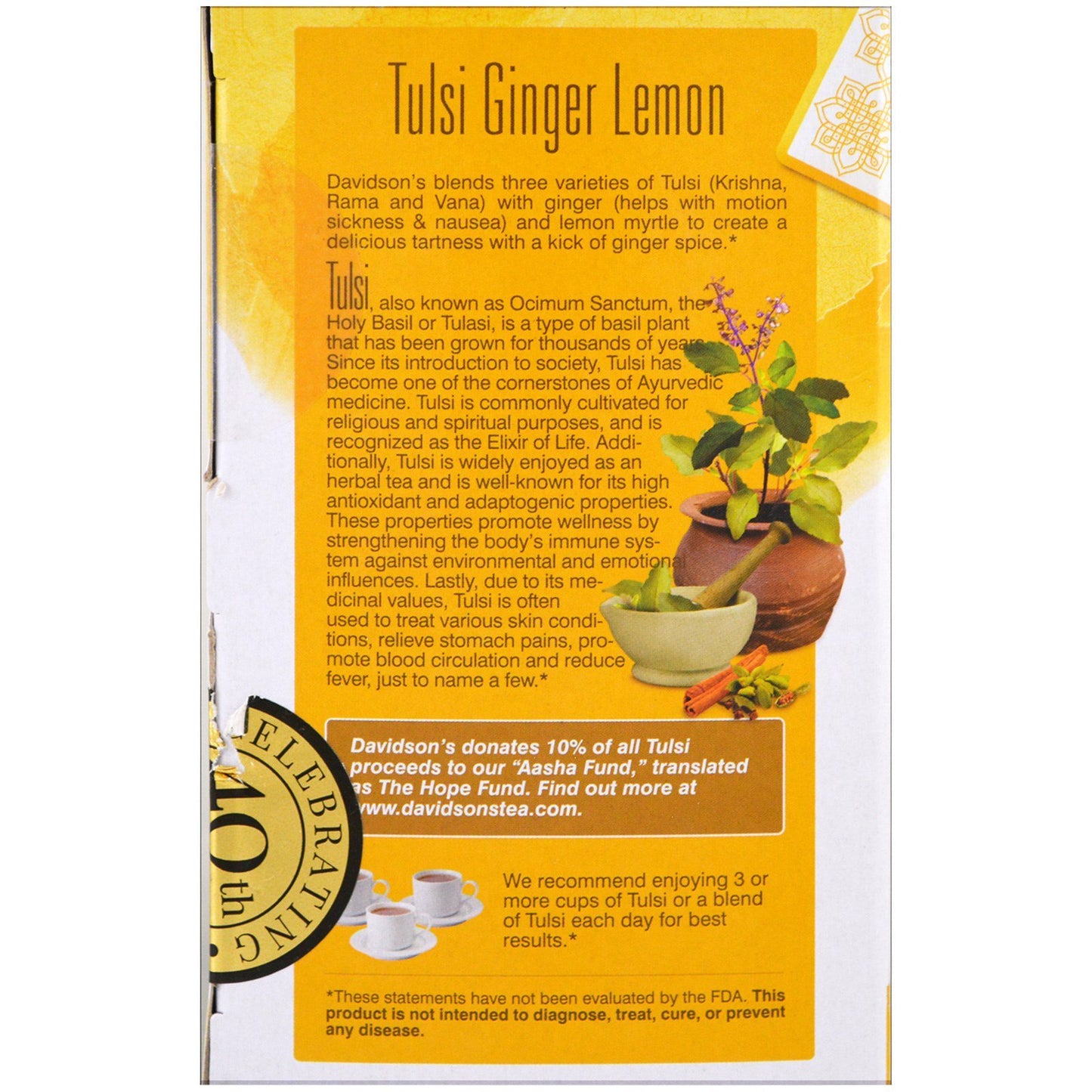 Davidson's Organic Tulsi Ginger Lemon Herbal Tea, 25 Caffeine-Free Teabags, 1.58 oz, 5.6 x 3.3 x 3 inches