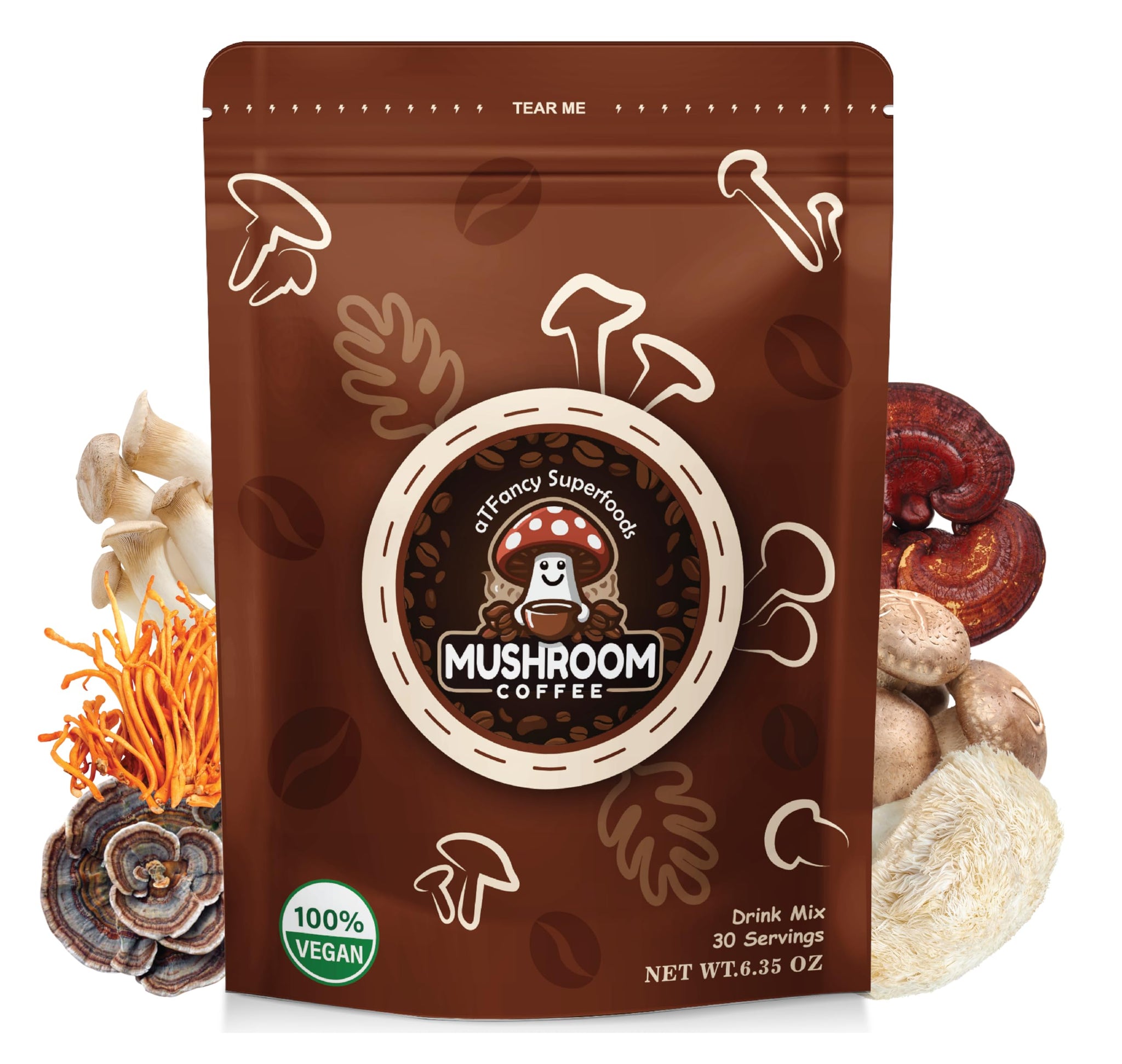 aTFancy Organic Mushroom coffee, Instant, 6 adoptogenic mushroom ingredients, (Pack of 1) 30 servings, 6.35 oz, With Spoon