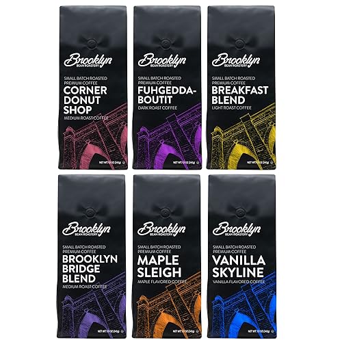 Brooklyn Beans Bagged Ground Coffee Variety Pack - Light, Medium, Dark Roast and Flavored (12 Ounce Bag, Pack of 6)