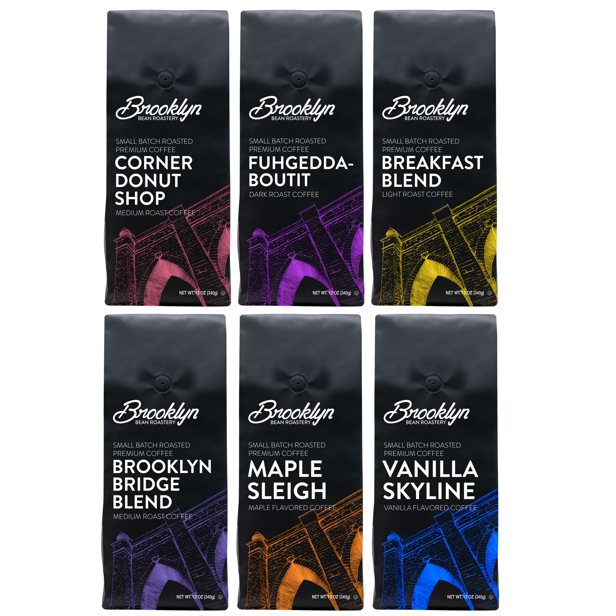 Brooklyn Beans Bagged Ground Coffee Variety Pack - Light, Medium, Dark Roast and Flavored (12 Ounce Bag, Pack of 6)
