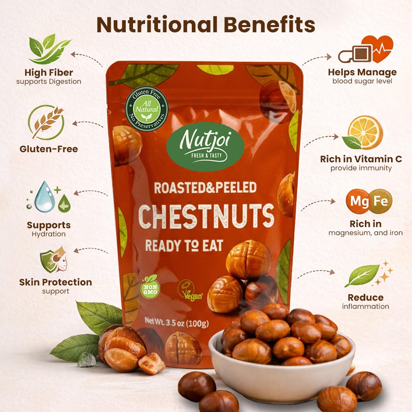 Roasted Chestnuts - Ready to Eat, Whole, Peeled & Cooked, Healthy Snack for Cooking & Baking, Vegan, Gluten Free - 3.5 oz (Pack of 6) - Nutjoi