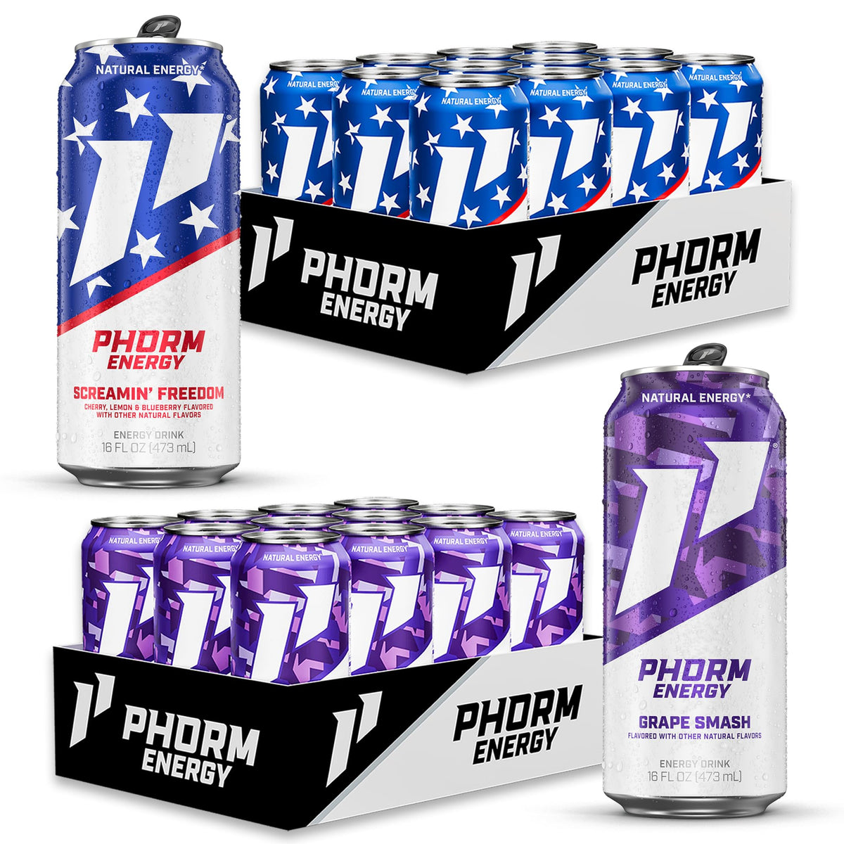 Phorm Energy Drink, Grape Smash (12 Pack) + Screamin' Freedom (12 Pack), 200 MG Natural Caffeine From Green Tea, Sugar Free With Electrolytes