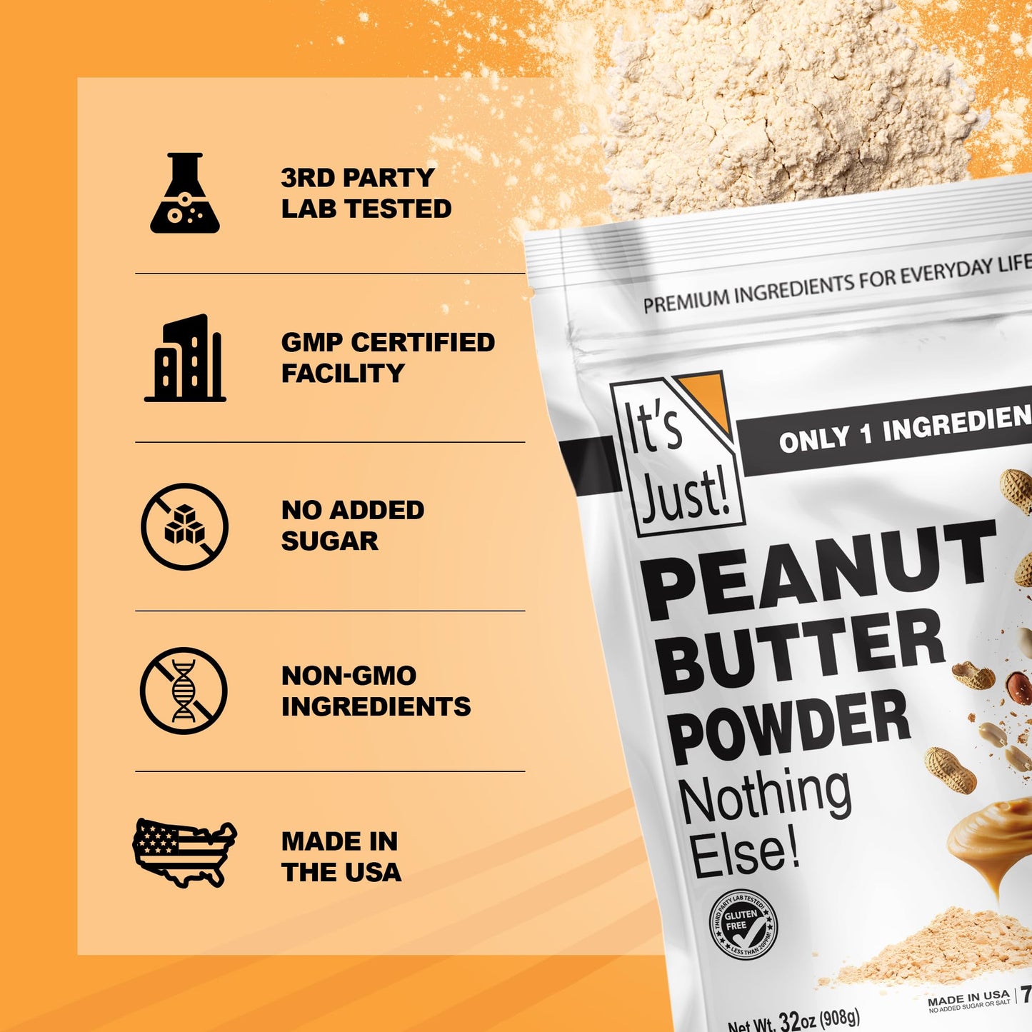 It's Just! Peanut Butter Powder - 90% Less Fat, Non-GMO, No Added Salt or Sugar, 1 Ingredient - 32oz