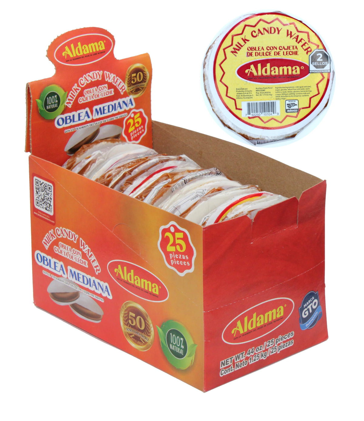 Aldama Milk Candy Wafer, Oblea Mediana with Cajeta de Leche, 100% Natural, 44 oz, 25 Pieces
