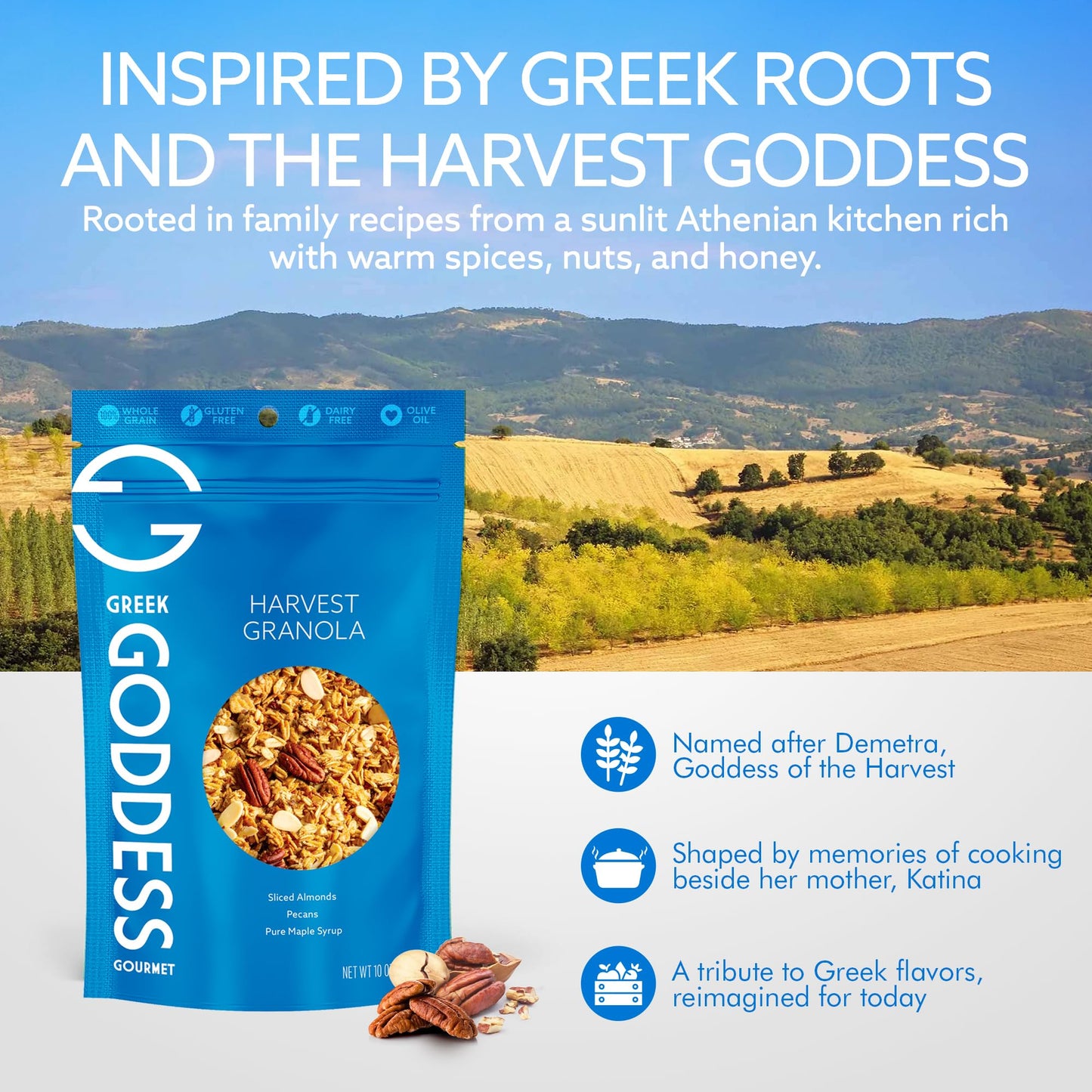 Greek Goddess Gourmet Harvest Granola with Pecans, Almonds, Coconut & Maple Syrup, 100% Whole Grain Oats & Olive Oil - Healthy, Greek-Inspired, Gluten