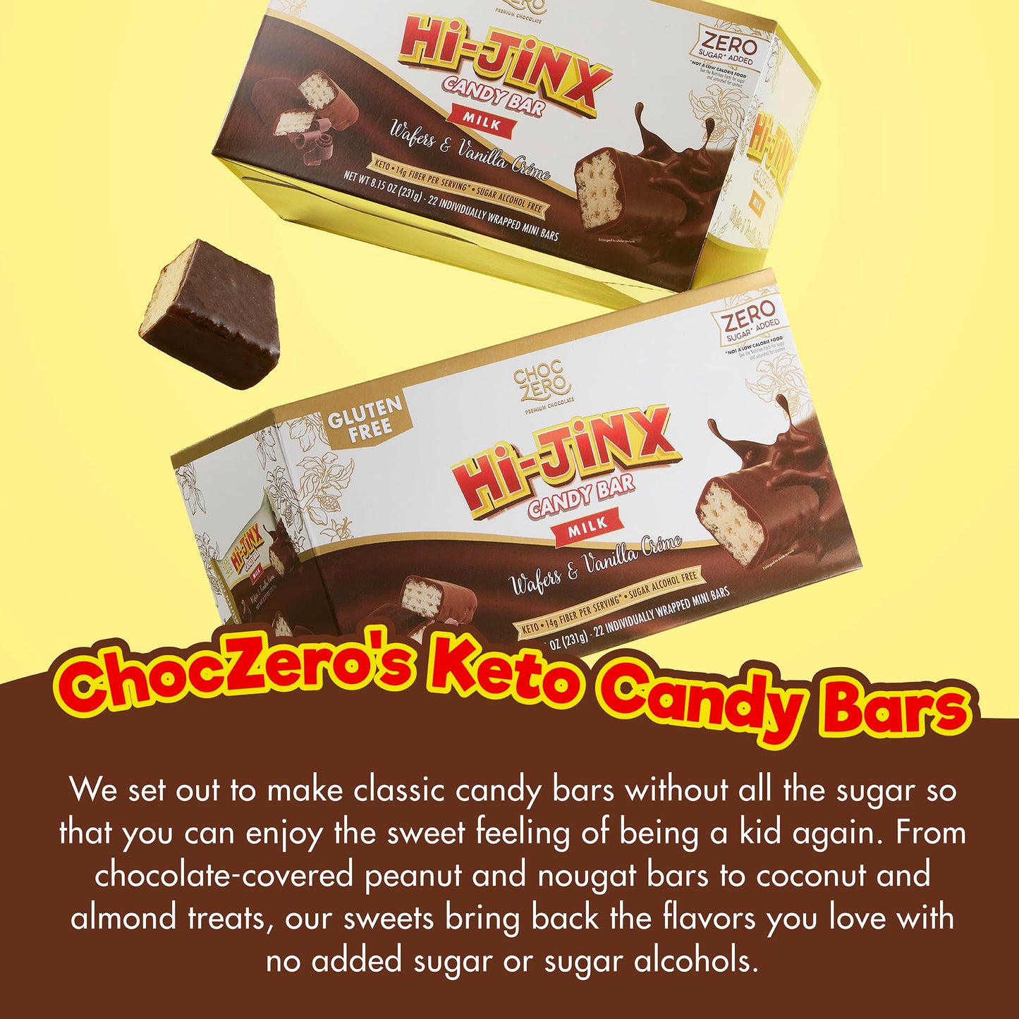 ChocZero Hi-Jinx Milk Chocolate Wafer Bars - Gluten Free, No Sugar Added, Keto Candy Bar with Vanilla Crème, 22 Individually Wrapped Minis, 8.15 oz