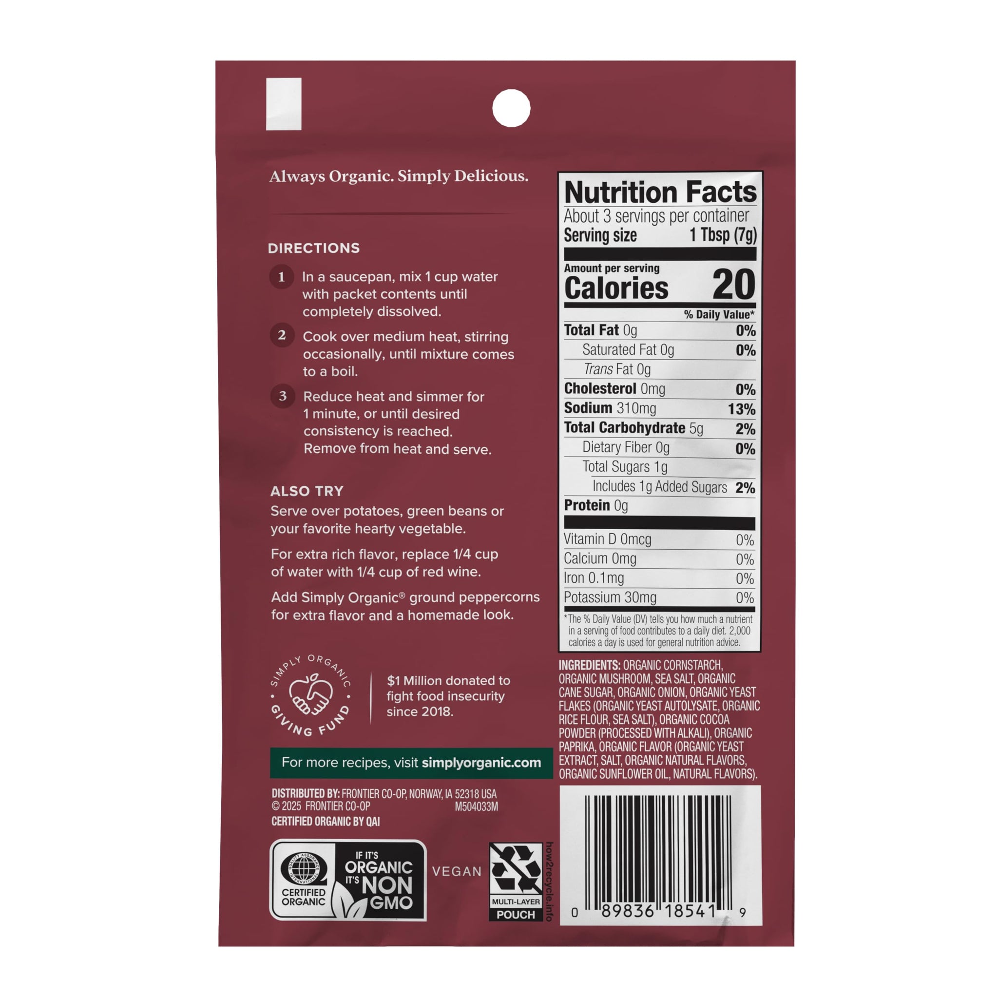 Simply Organic Mushroom Sauce Mix, 0.85 Ounce Packet, Make Classic Creamy Vegetarian Mushroom Gravy Sauce, Kosher