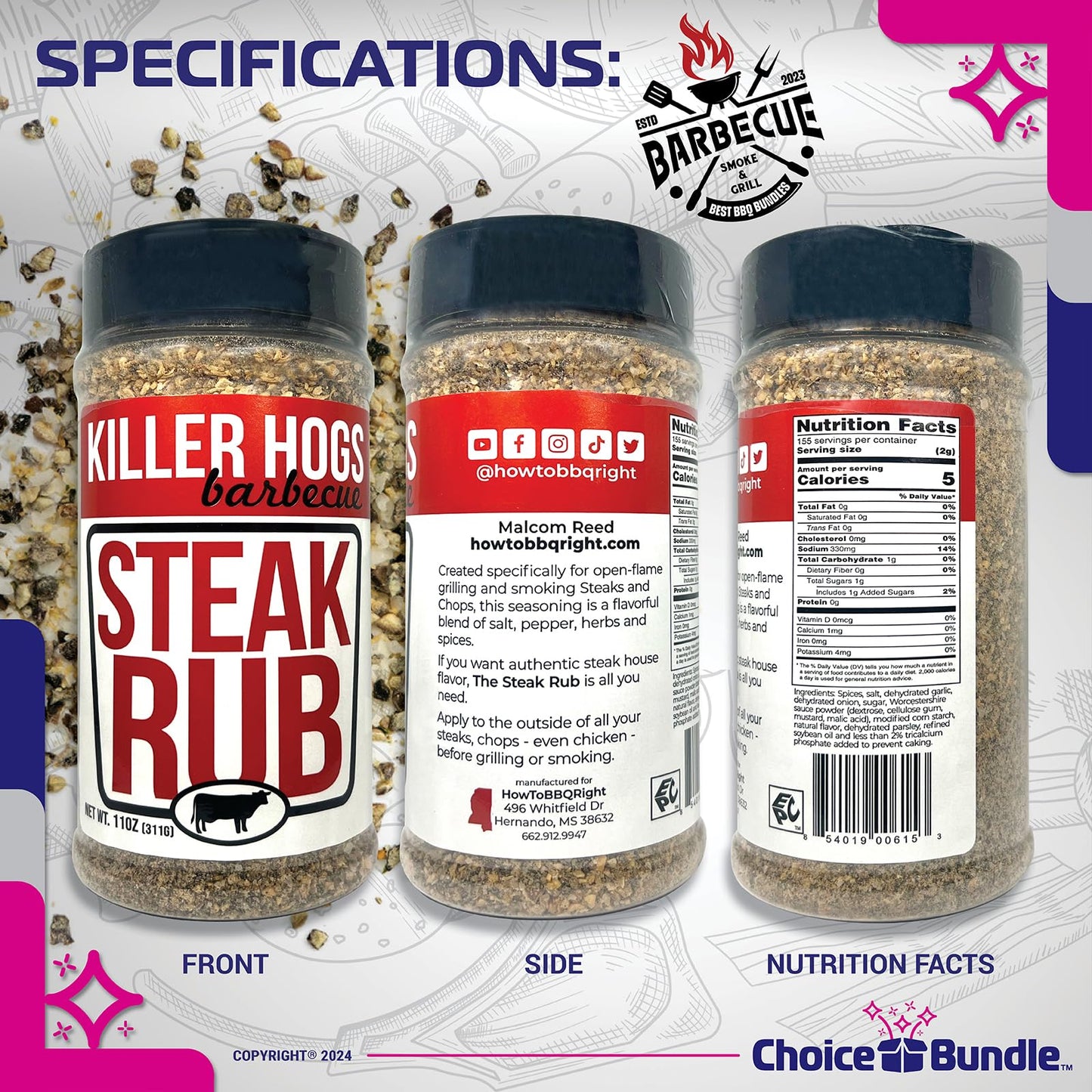Killer Hogs Steak Rub & TX Texas Brisket Rub Premium BBQ Barbecue & Seasoning 4 pk Variety Choice Bundle (44 oz) + BBQ Guide & Keychain Bottle Opener