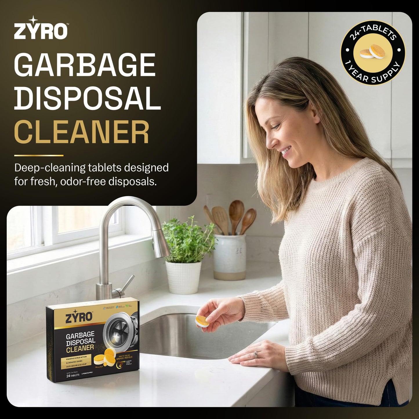 Garbage Disposal Cleaner and Deodorizer | 24 Pack | Kitchen Sink Cleaner Tablets | Eliminates Odor | Fights Grease & Buildup | Foaming Scrub Action |