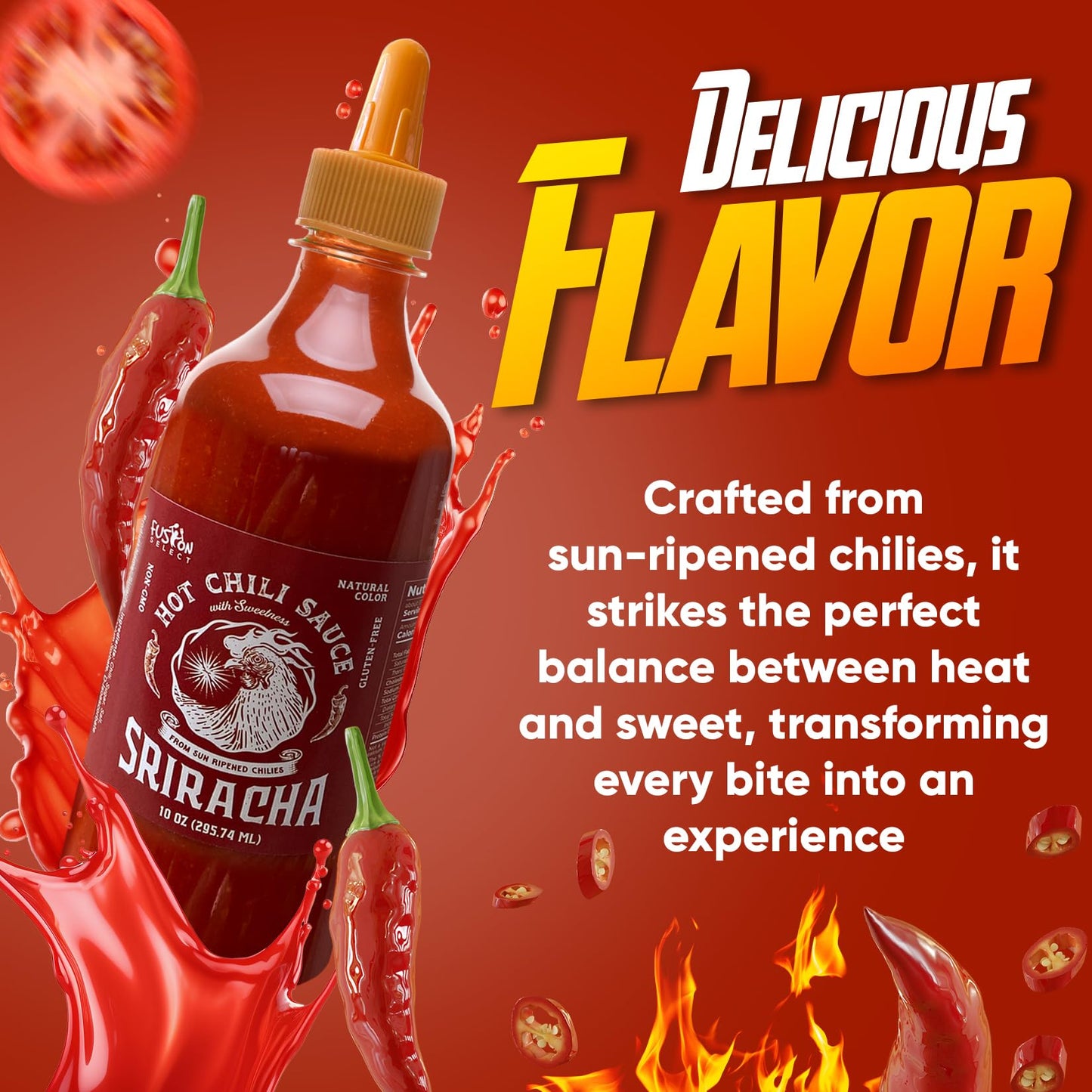Fusion Select 10 Oz Sriracha Hot Sauce - Gourmet Spicy & Sweet Chili Sauce Seasoning for Cooking, Pizza, Stir Fry, Chicken, Meat, Taco - Made from Sun