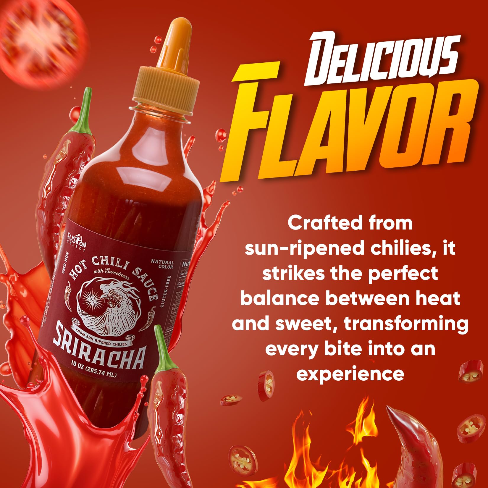 Fusion Select 20 Oz Sriracha Hot Sauce - Gourmet Spicy & Sweet Chili Sauce Seasoning for Cooking, Pizza, Stir Fry, Chicken, Meat, Taco - Made from Sun