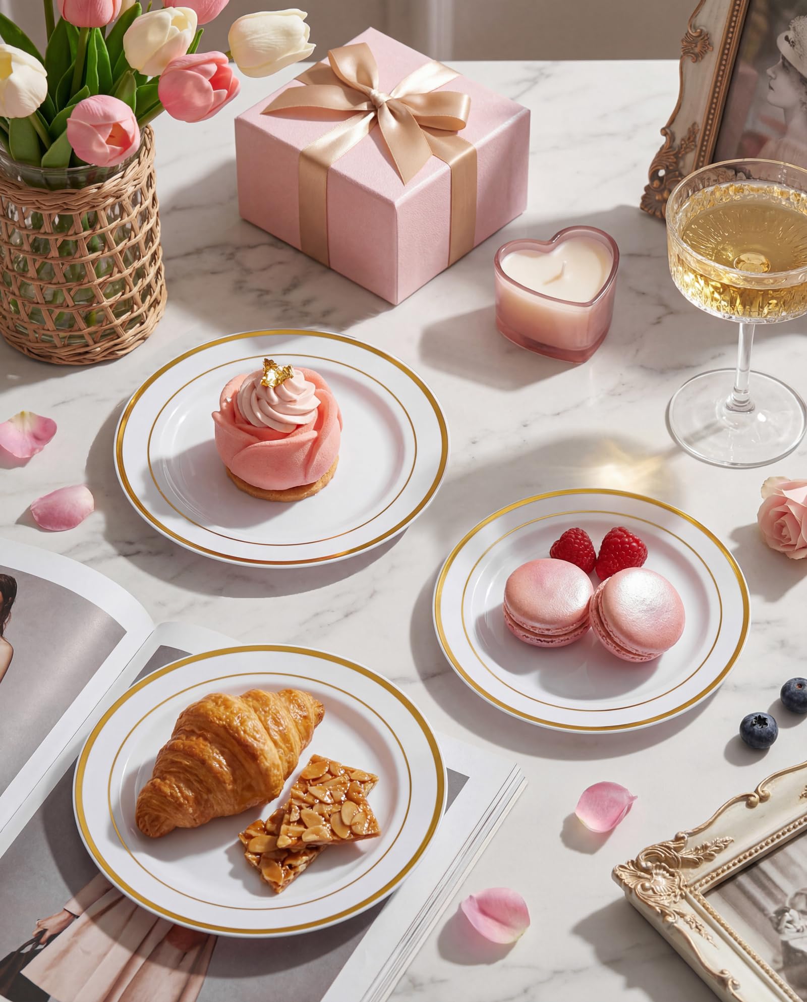 bUCLA 100Pieces Gold Plastic Plates - 6.25inch White with Gold Rim Disposable Salad/Dessert/Appetizer/Small Cake Plates Premium Hard - Ideal
