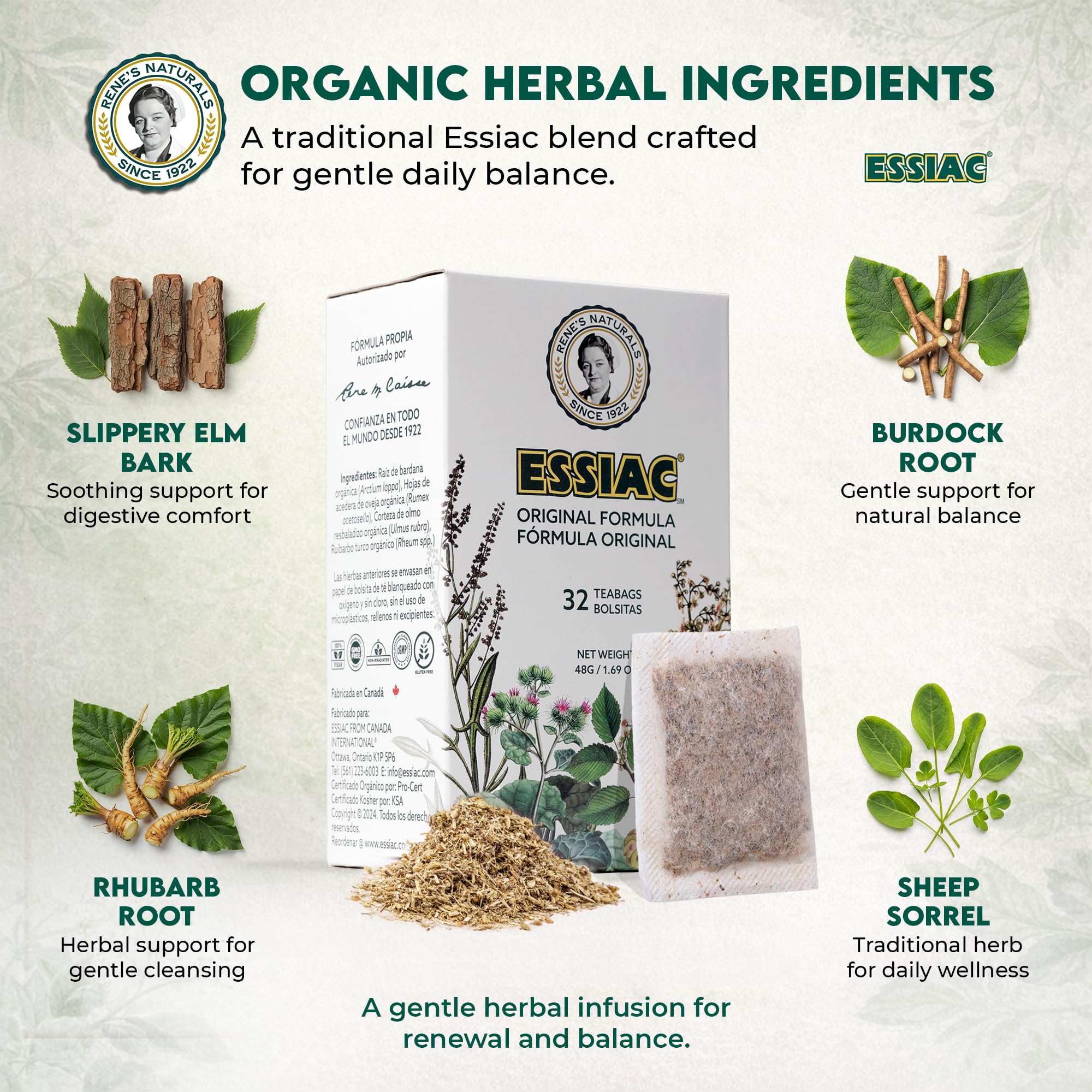 Rene’s Naturals Essiac Tea Bags - USDA Organic - Original 4-Herb Formula Since 1922 -, Non-GMO, Vegan - 32 Teabags - Gentle Daily Cleansing