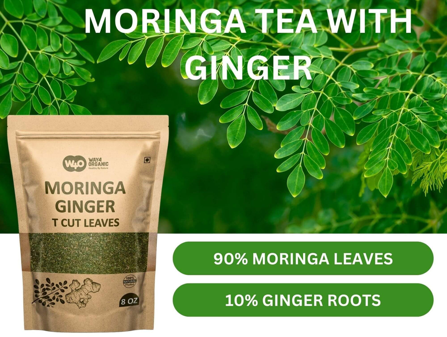 Moringa Leaves Tea with Ginger 8 oz, 120 Servings Per Package, One Leaf Tea with Two Herbs Benefits (Pack of 1), Shadow dried leaves for Maximum