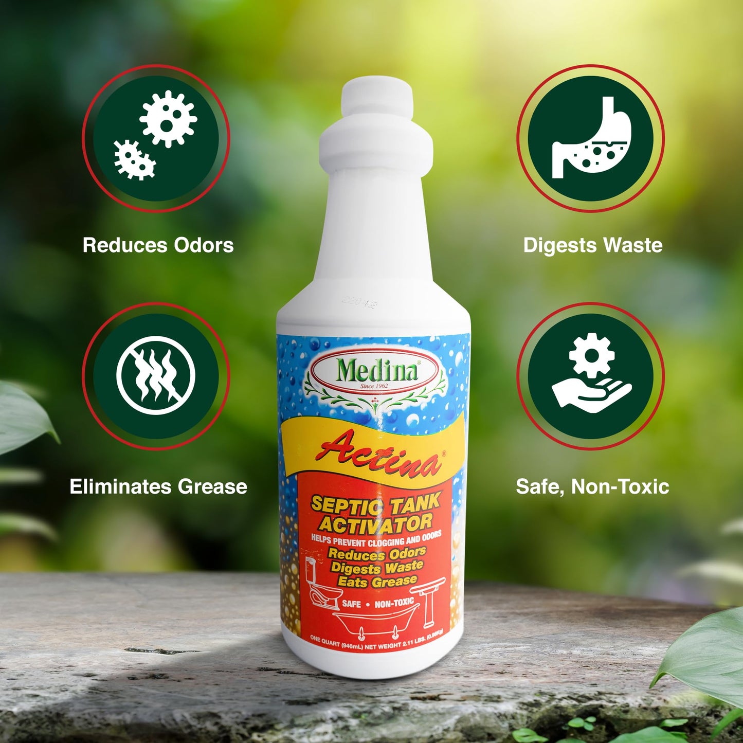 Medina Actina Septic Tank Treatment - Natural Biological Enzyme Liquid for Waste Digestion, Odor Control & Reduced Pump-Out Frequency - Safe for All