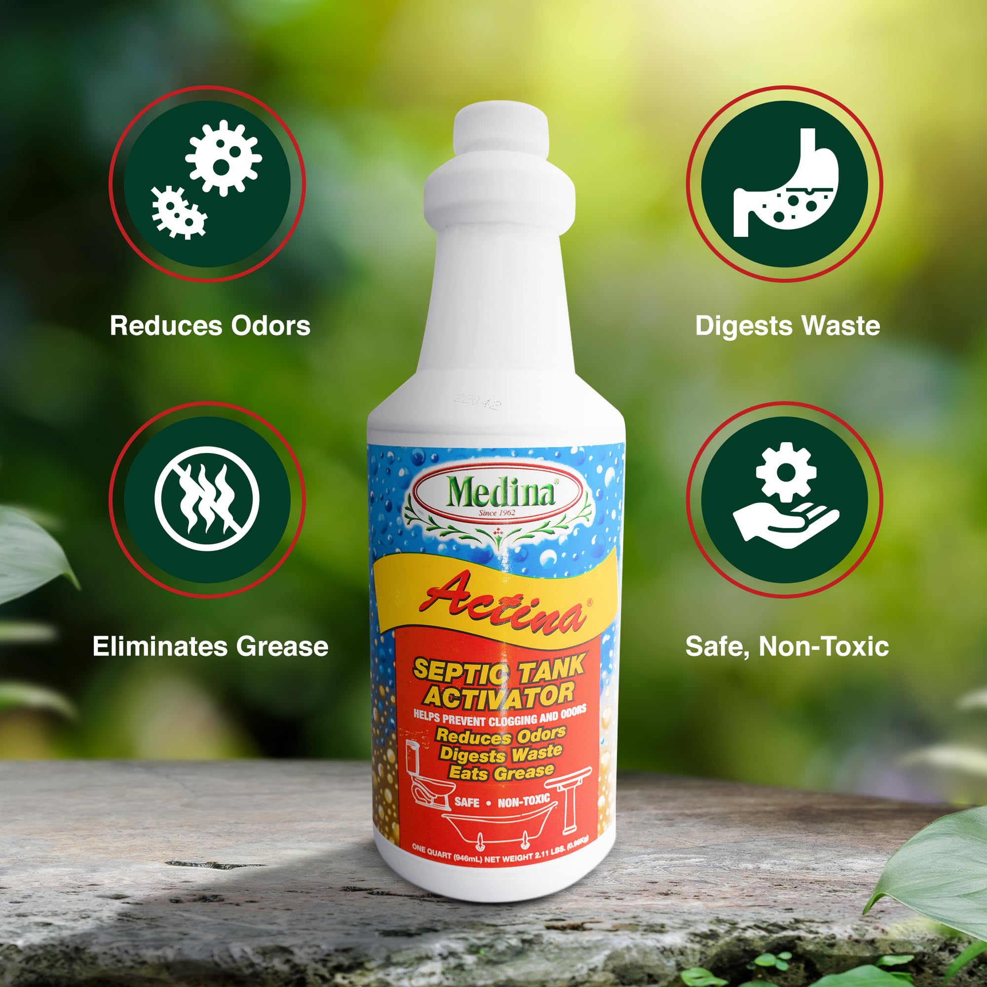Medina Actina Septic Tank Treatment - Natural Biological Enzyme Liquid for Waste Digestion, Odor Control & Reduced Pump-Out Frequency - Safe for All