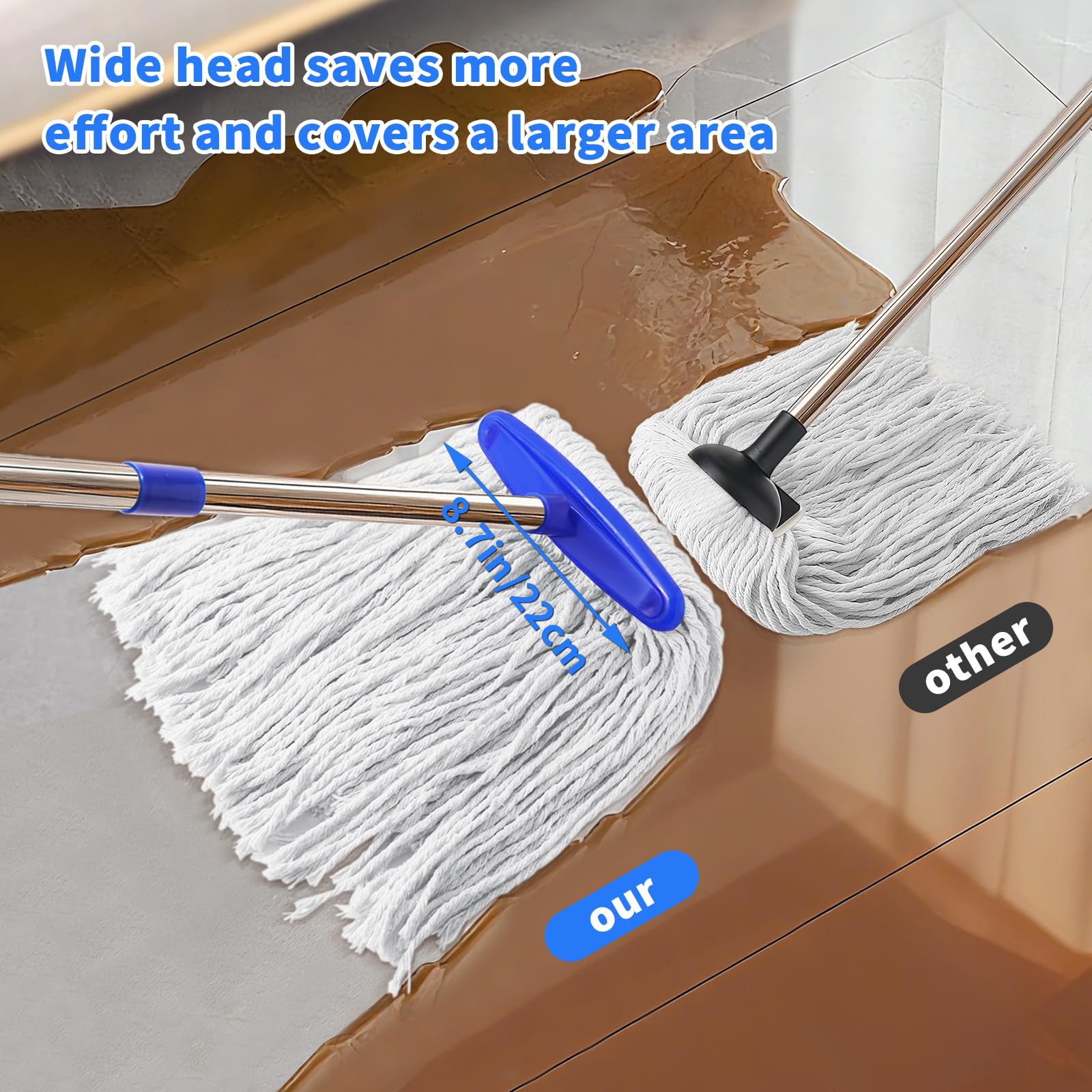 Indoor Cotton Mops for Floor Cleaning - Indoor Cleaning Mop for Wood Floors, Tile, Hardwood Floor, 52" Adjustable Stainless Steel Handle Mops to Clean