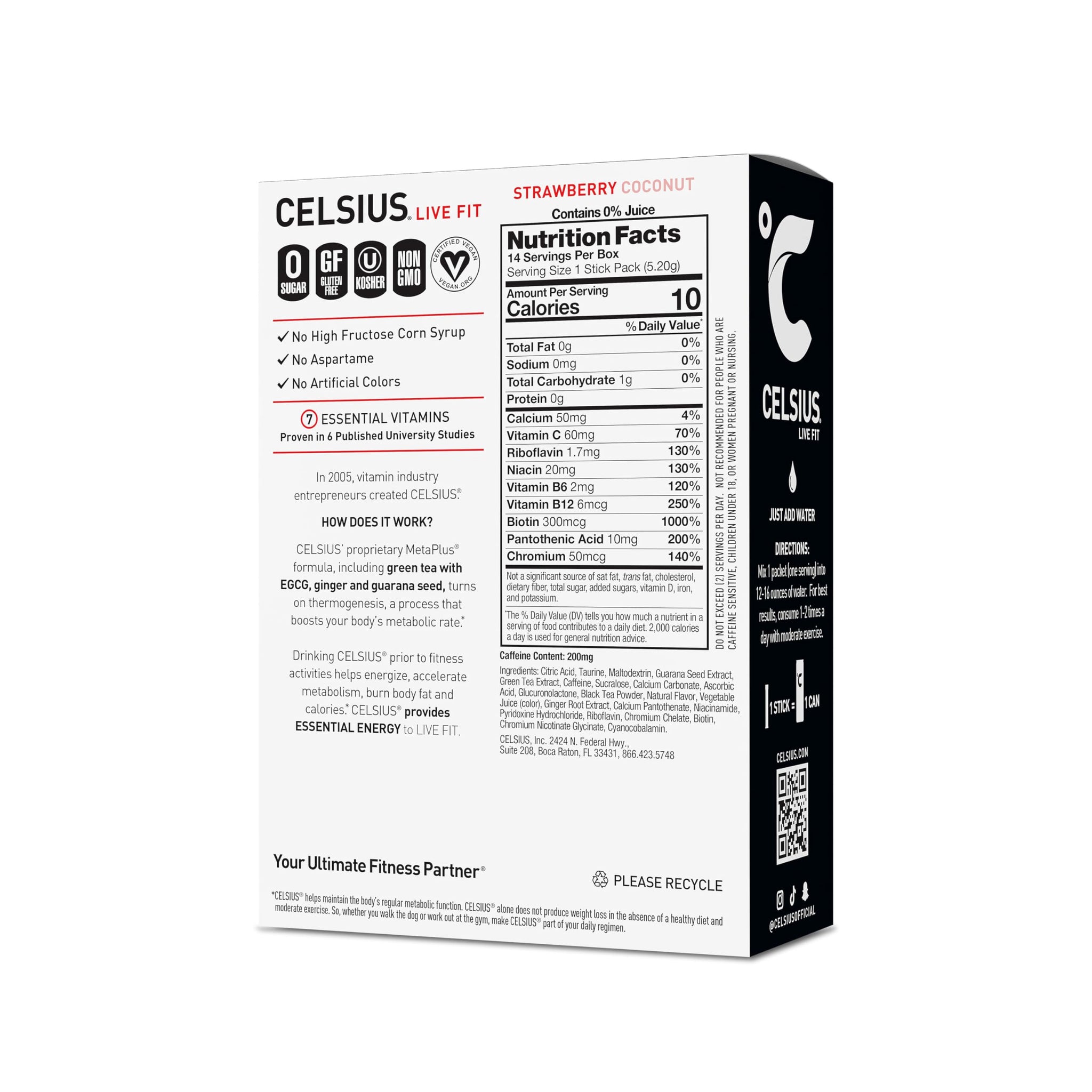 CELSIUS On The Go Strawberry Coconut, Sugar Free Energy Drink Mix (14 Sticks per Pack)