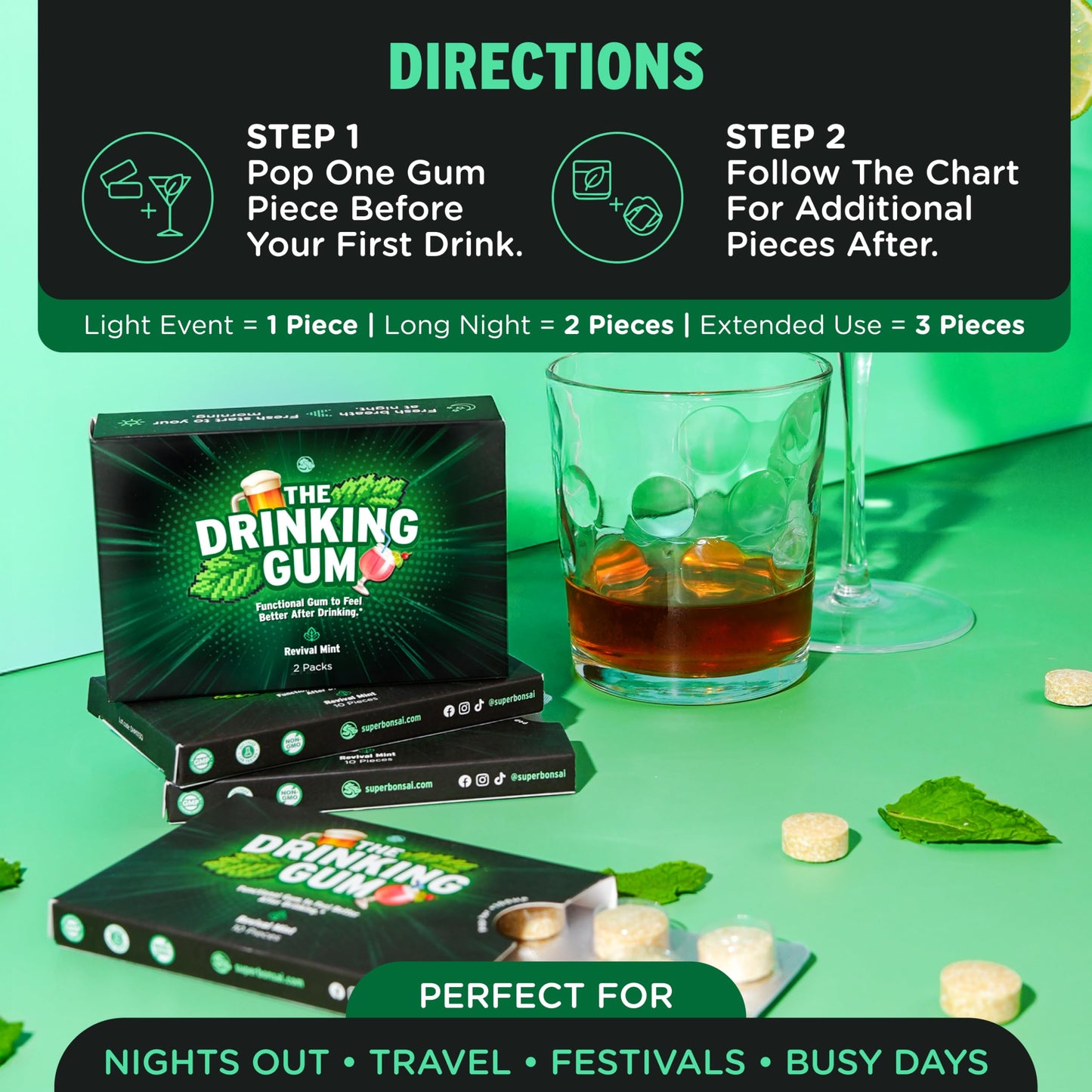SuperBonsai The Drinking Gum - Revival Mint, Functional Chewing Gum with DHM and B Vitamins B3 B6 B12, Cool Mint Flavor for Nights Out, Celebrations