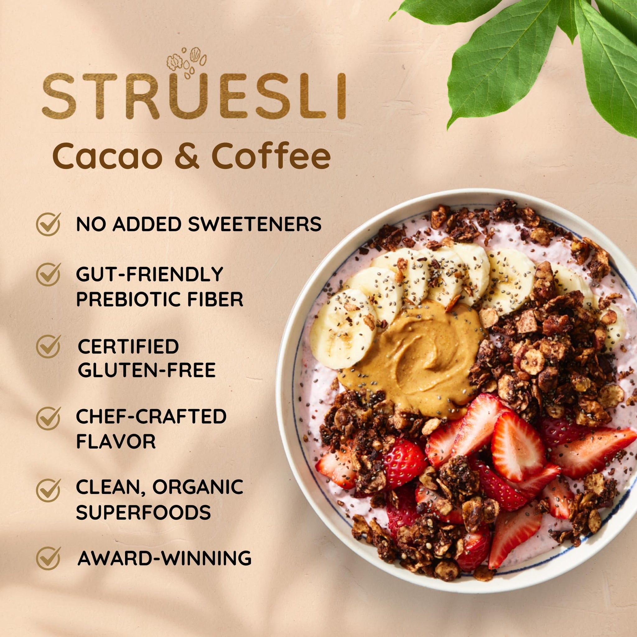 Struesli Cacao & Coffee Organic Granola, Grain & Gluten Free, Healthy Snacks with Cacao, Coffee, Tiger Nuts, Pecans, Walnuts, Hemp Hearts & Coconut