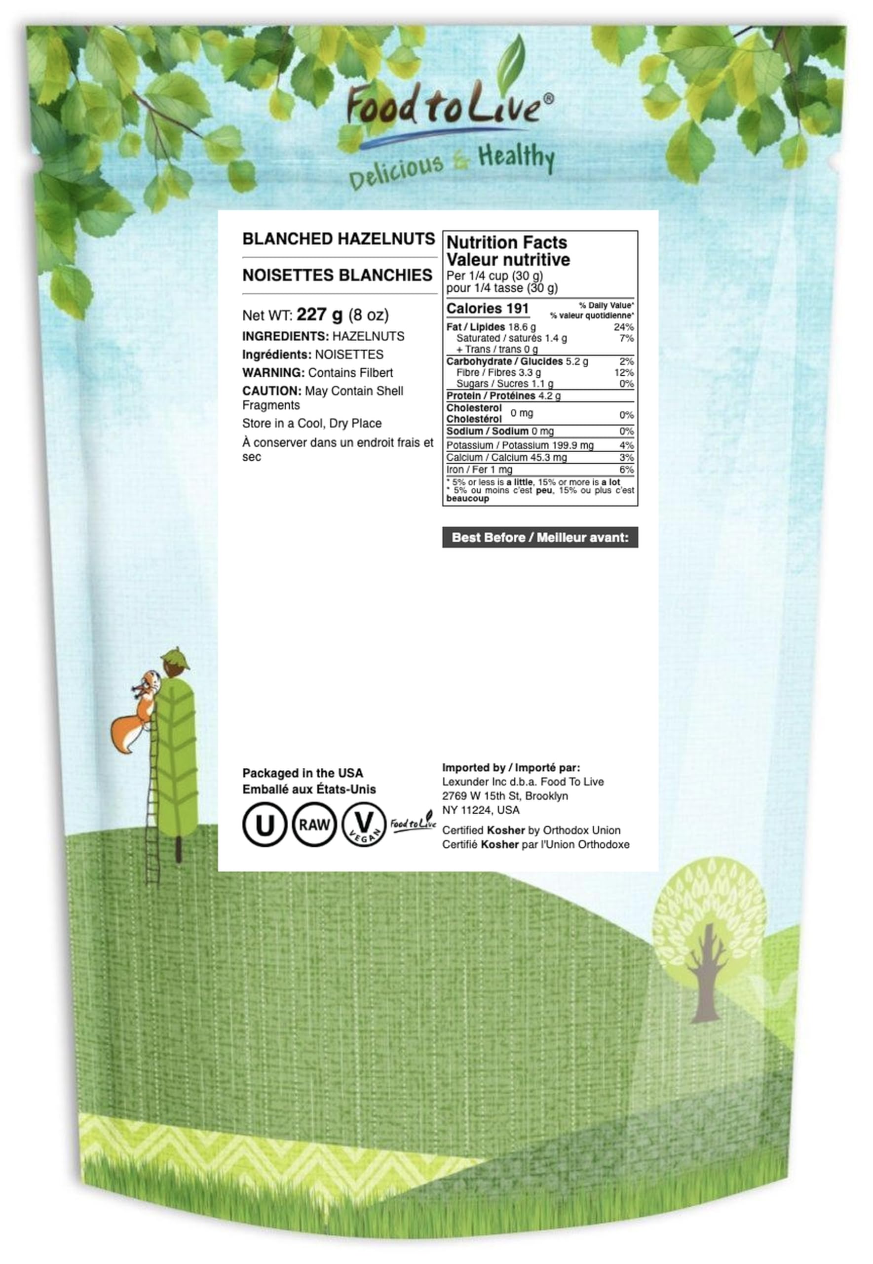 Food to Live Blanched Hazelnuts, 8 Oz Raw Whole Filberts, No Skin, Unsalted, Unroasted Nuts, Vegan Snack, Kosher. Keto. Good Source of Vitamins