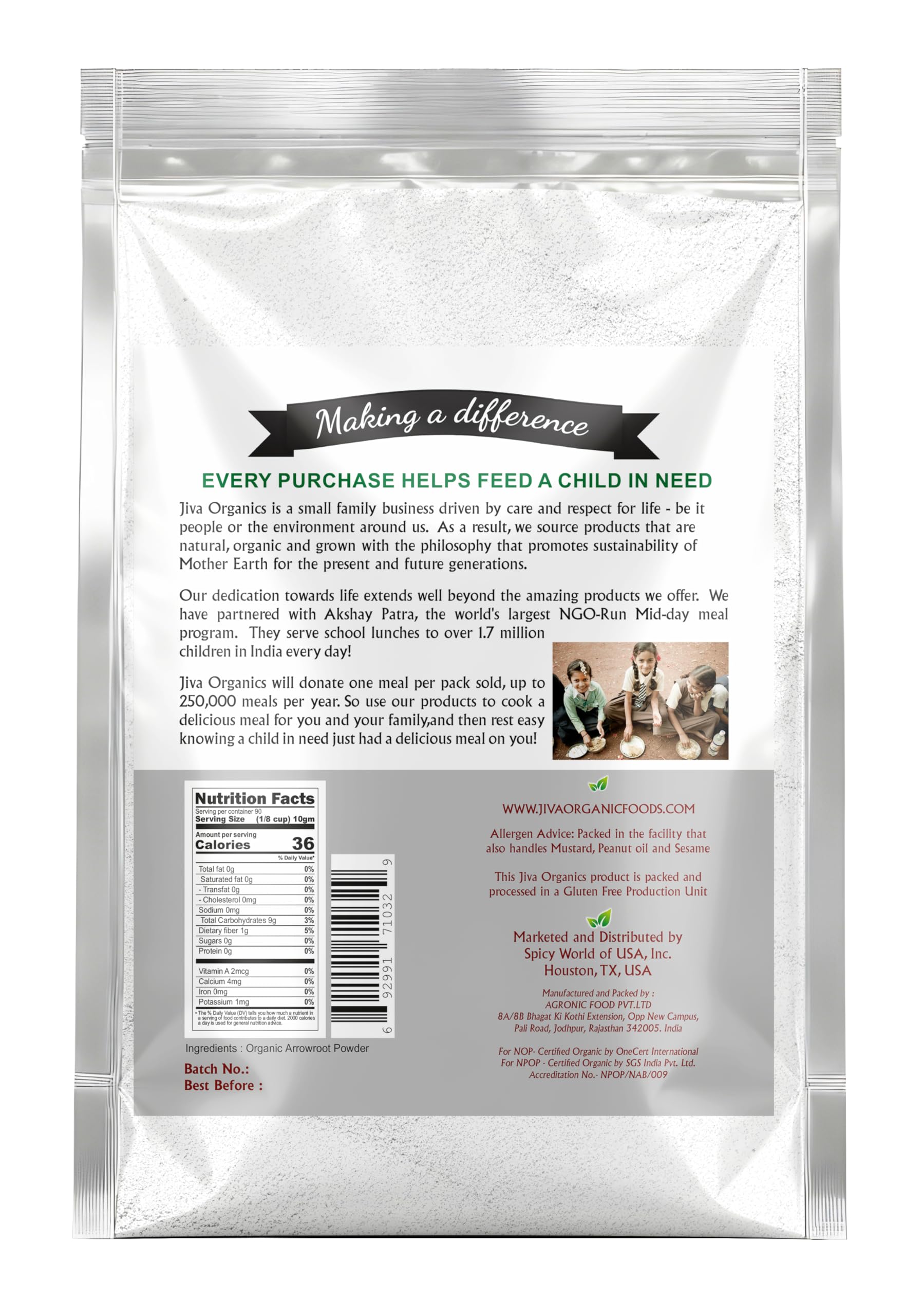 Jiva Organics Organic Arrowroot Flour (Powder) 2 Pound Bag - Raw, Non-GMO, Gluten Free