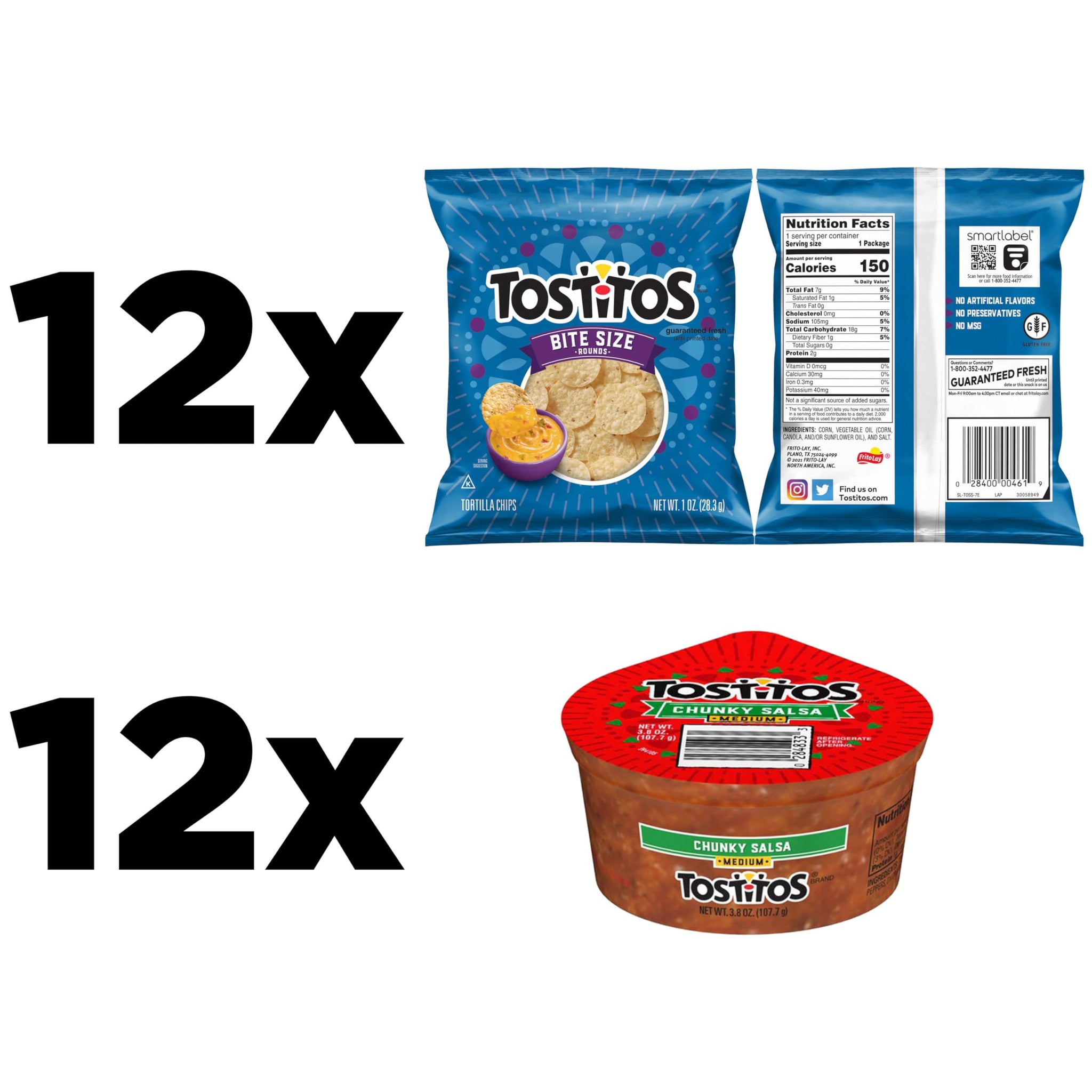Frito Lay Tostitos Bitesize Rounds Chips and Salsa Dip Cups Variety Pack, (Pack of 24), Vegetarian, Blue