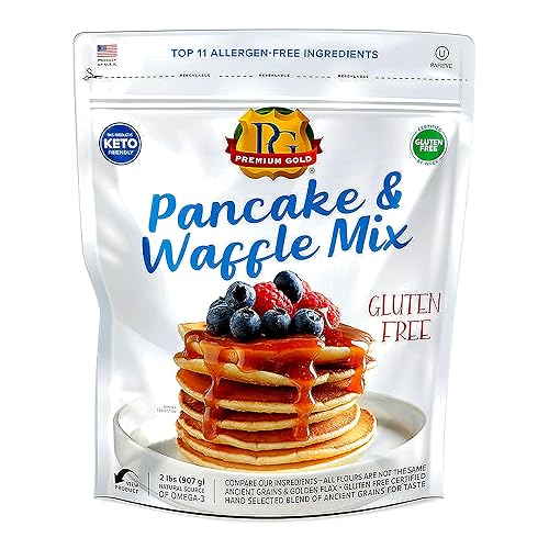 Premium Gold Gluten Free Pancake and Waffle Mix 2lb, Made of Ancient Grains & Golden Flax, Certified Gluten Free, Keto Friendly, Top 11 Allergen Free