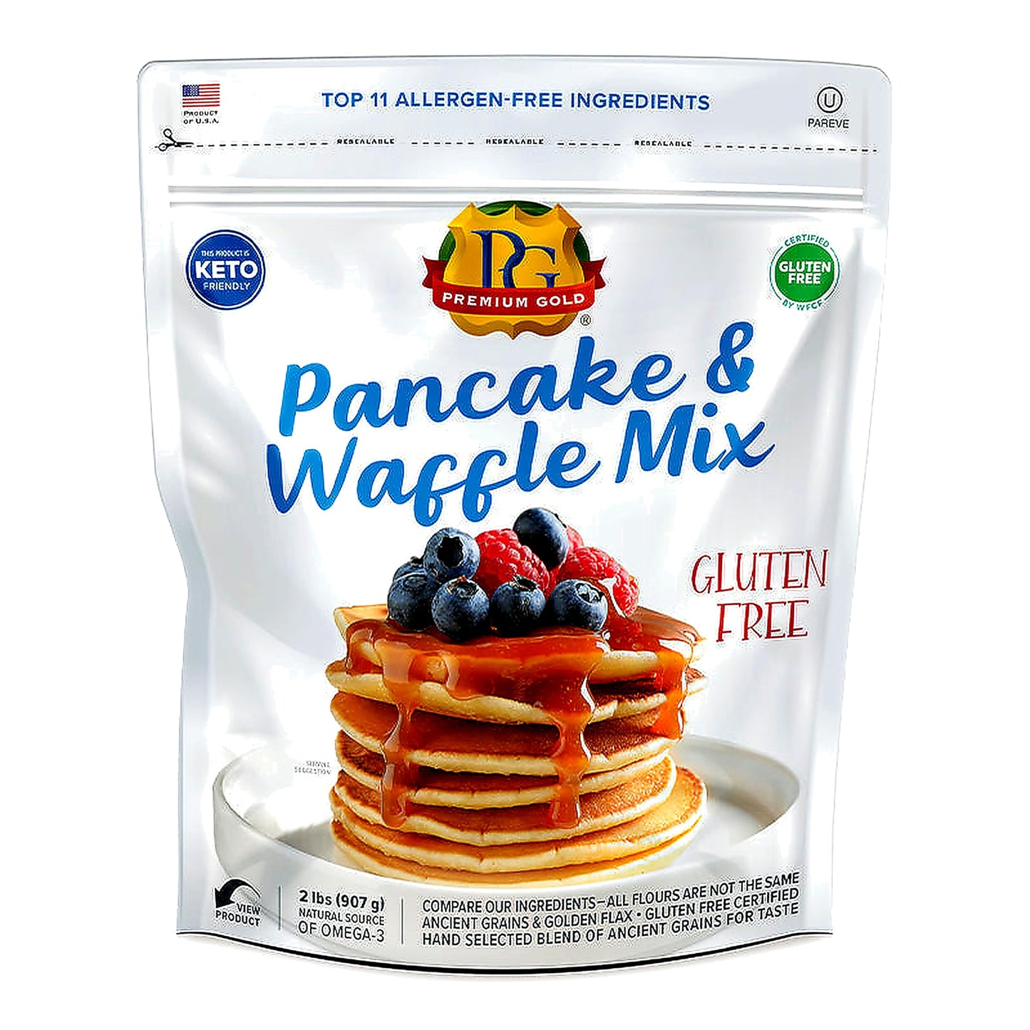 Premium Gold Gluten Free Pancake and Waffle Mix 2lb, Made of Ancient Grains & Golden Flax, Certified Gluten Free, Keto Friendly, Top 11 Allergen Free