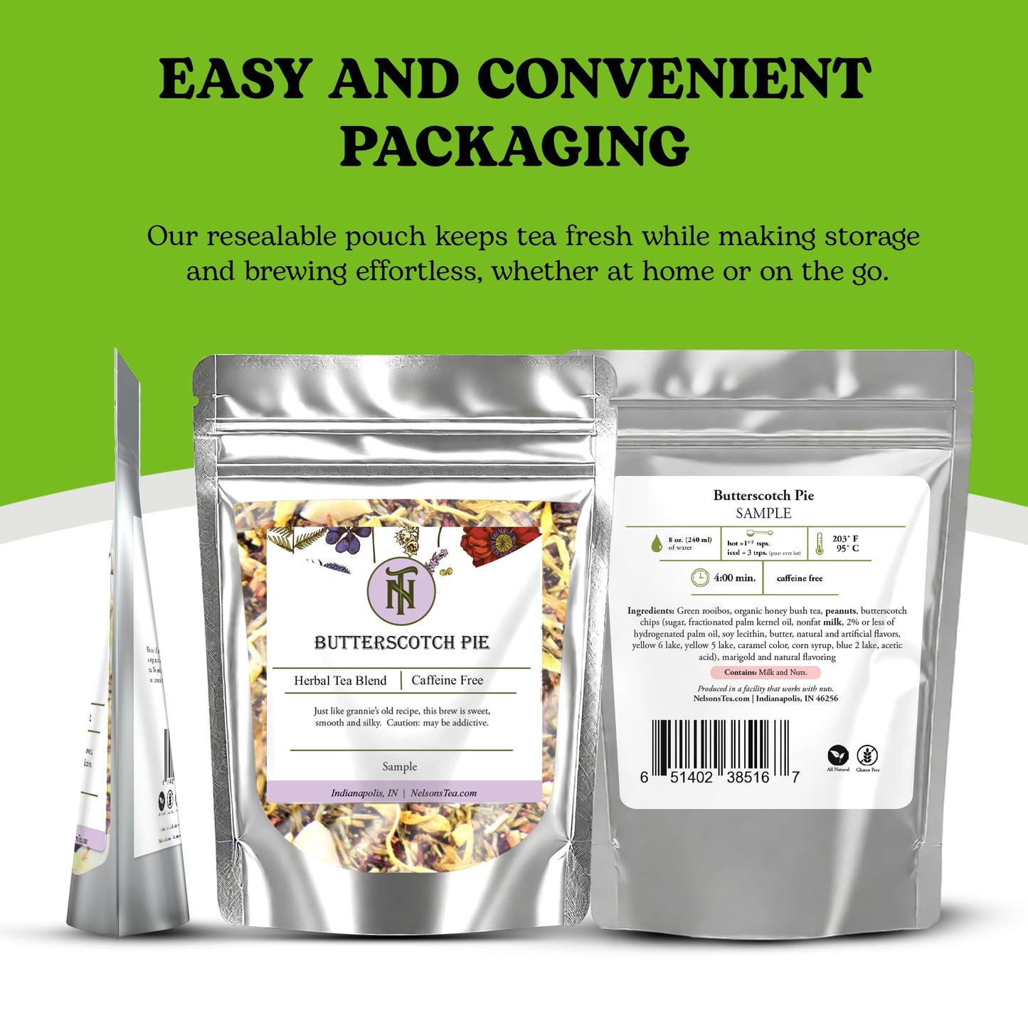 Nelson's Tea - Butterscotch Pie - Caffeine-Free - Herbal Loose Leaf Tea - Green rooibos, Honey bush tea, Peanuts, Butterscotch chips, Milk