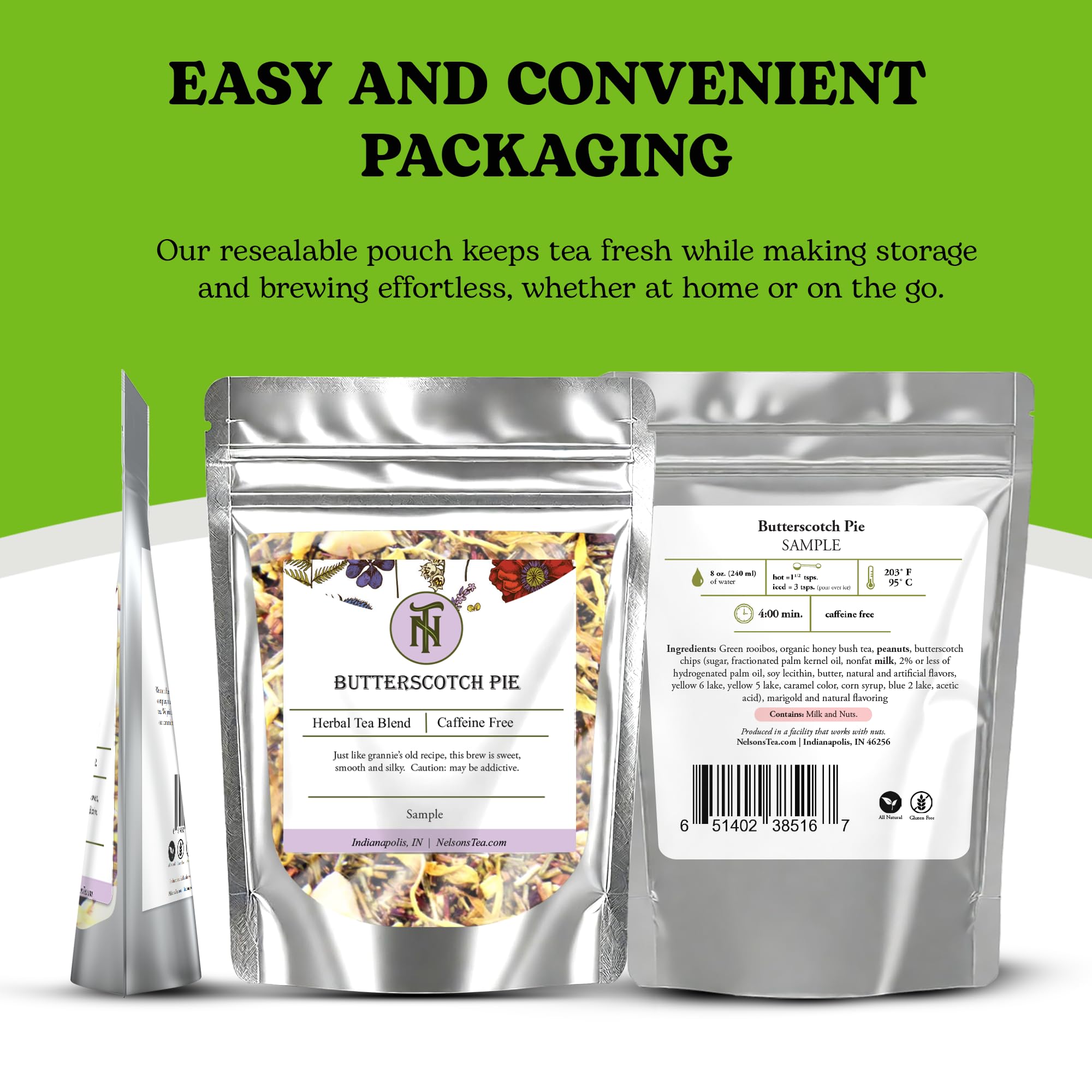 Nelson's Tea - Butterscotch Pie - Caffeine-Free - Herbal Loose Leaf Tea - Green rooibos, Honey bush tea, Peanuts, Butterscotch chips, Milk