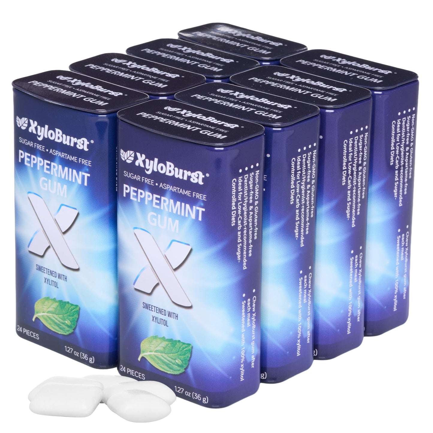 XyloBurst Gum | Xylitol Chewing Gum | Sugar Free, Gluten Free, Keto Friendly | Aspartame Free Gum For Oral Health | Peppermint | 24 Pieces (Pack of 8)