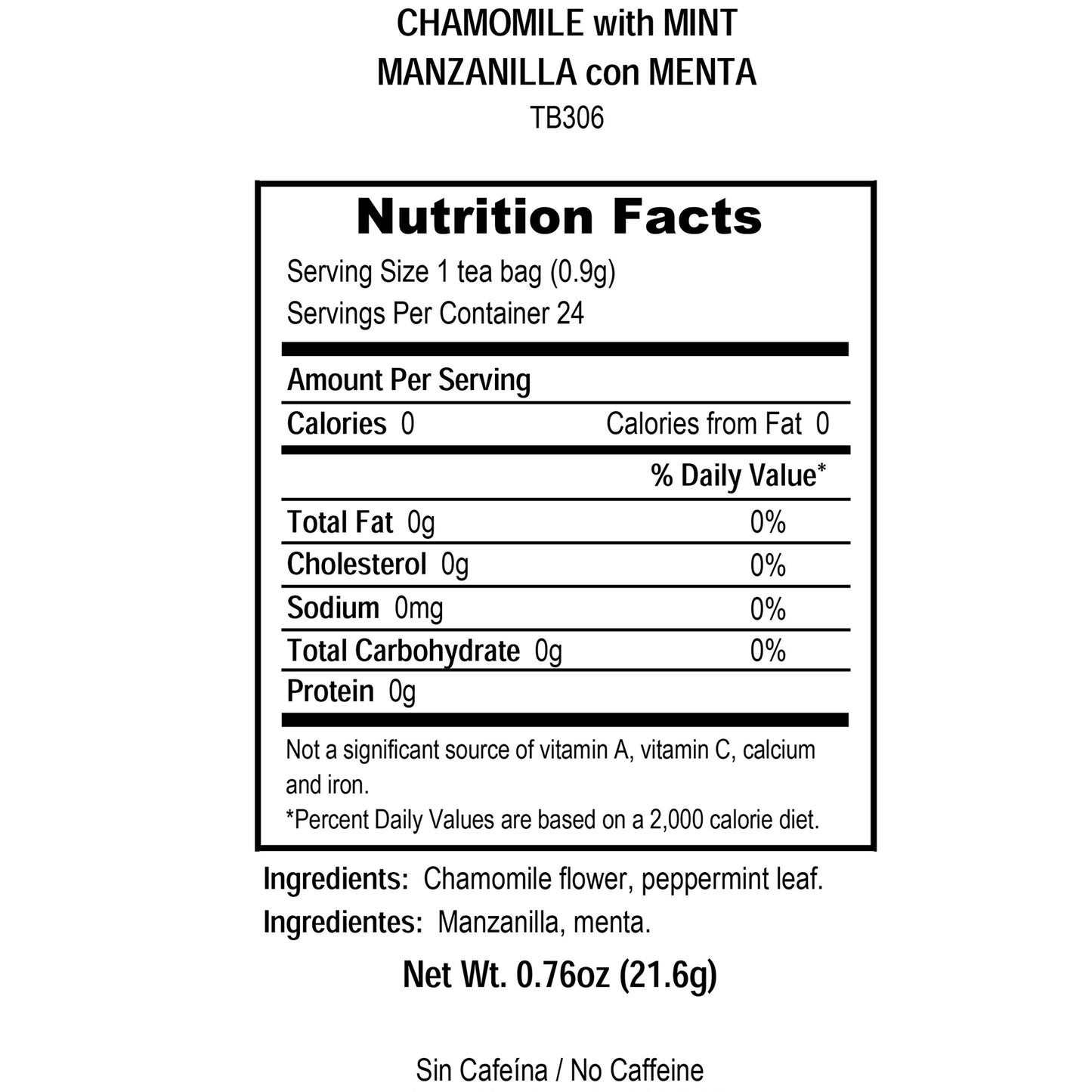 Tadin Chamomile Mint Herbal Tea - no Caffeine, 24 Tea Bags (Manzanilla)
