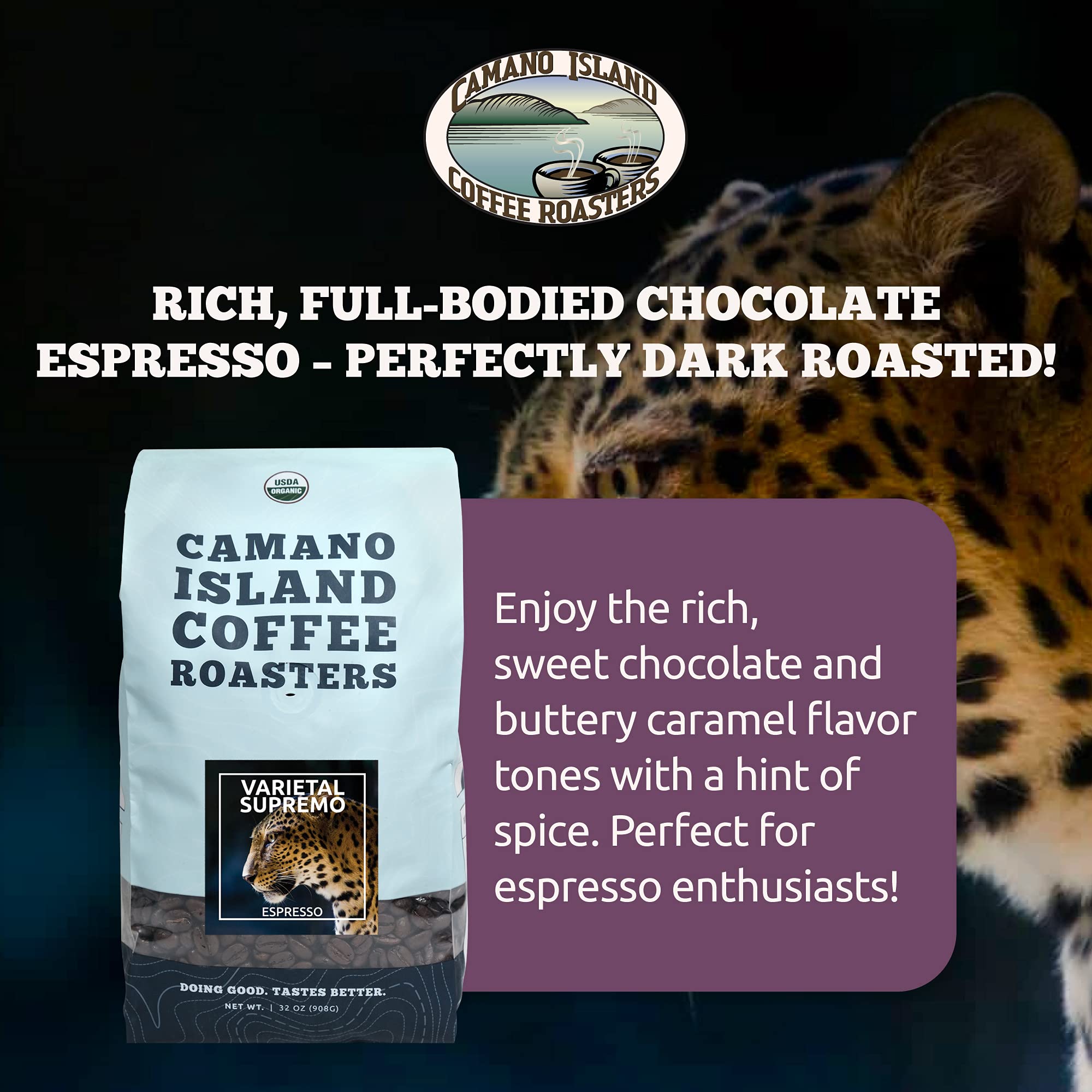 Camano Island Coffee Roasters Varietal Supremo Espresso Blend, Whole Bean 2lb, Fresh Dark Roast, USDA Organic, Fairly Traded, Shade Grown Arabica