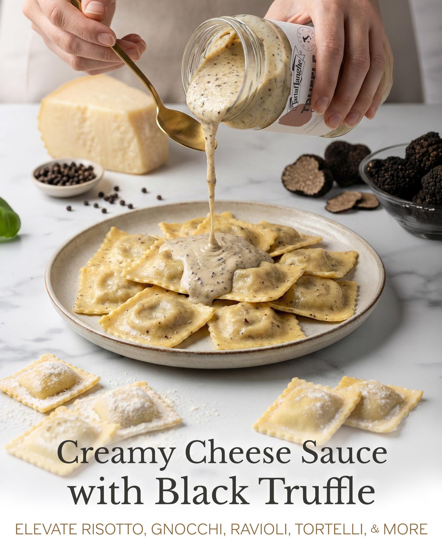 TartufLanghe Cacio e Pepe Truffle Sauce - Authentic Italian Pasta Sauce with Black Truffle & Pecorino Romano Cheese for Risottos, Gnocchi, Ravioli