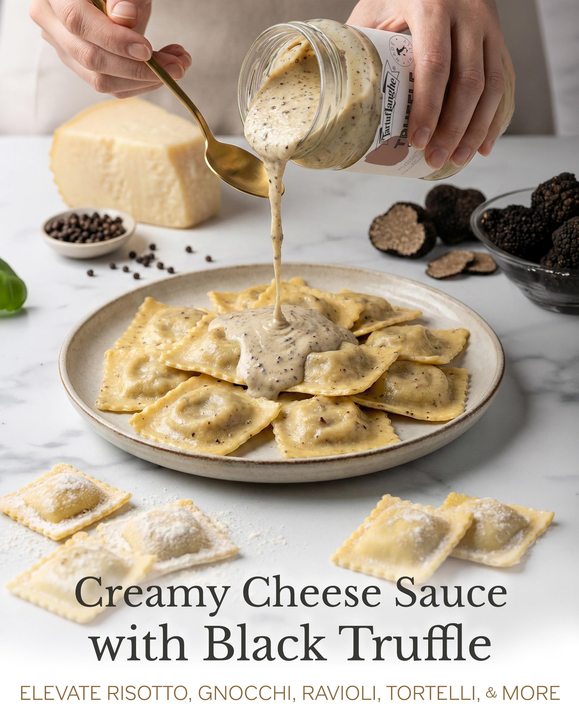 TartufLanghe Cacio e Pepe Truffle Sauce - Authentic Italian Pasta Sauce with Black Truffle & Pecorino Romano Cheese for Risottos, Gnocchi, Ravioli
