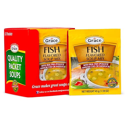 Grace Fish Flavored Soup Mix 1.59oz - Pack of 12 - Authentic Jamaican Fish Tea Made with Cod, Haddock & Pollock - Caribbean Fish & Seafood Stock Mix