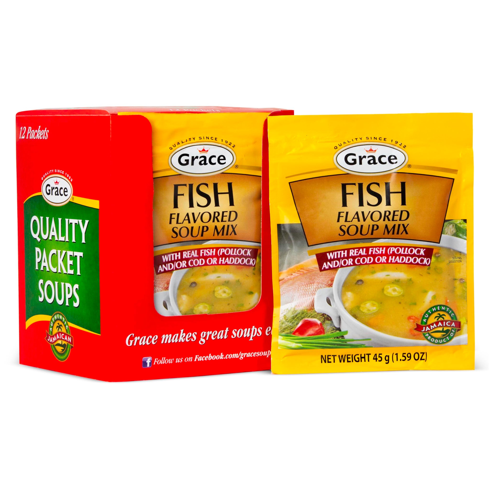 Grace Fish Flavored Soup Mix 1.59oz - Pack of 12 - Authentic Jamaican Fish Tea Made with Cod, Haddock & Pollock - Caribbean Fish & Seafood Stock Mix