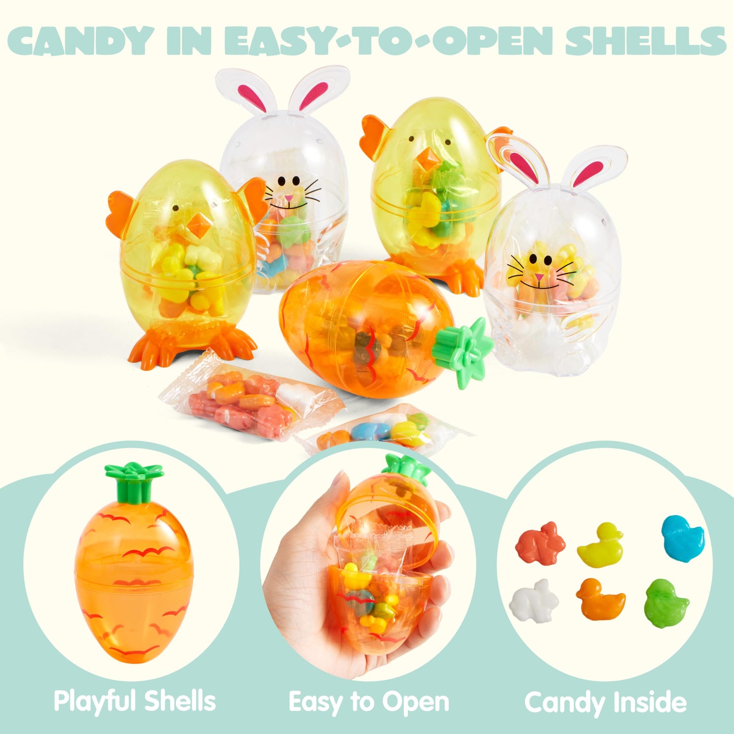 SYNCFUN 12pcs Easter Candy Filled Eggs Shell Carrot, Chick and Bunny Shaped, Includes Duck, Chick and Bunny Shaped Candies, Easter Basket Fillers