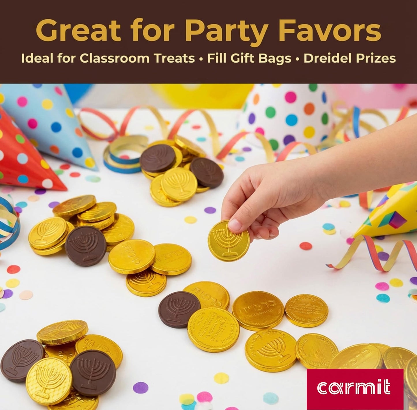 Carmit Gold "Real" Milk Chocolate Coins, (24 Mesh Bags) | Individually Wrapped Menora Embossed Hanukkah Gelt | Holiday Candy, Party Favors | Gluten