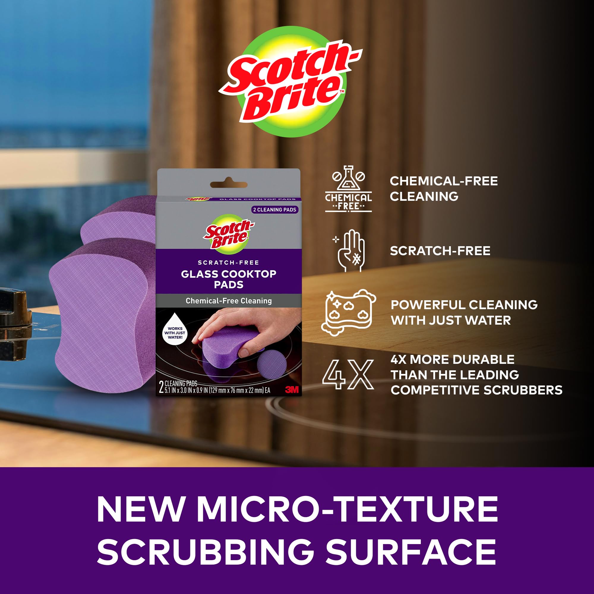 Scotch-Brite Glass Cooktop Pads, Scratch-Free & Non-Abrasive Scrubbers for Glass or Ceramic Stovetops, Cleans Burnt-On Messes with Just Water