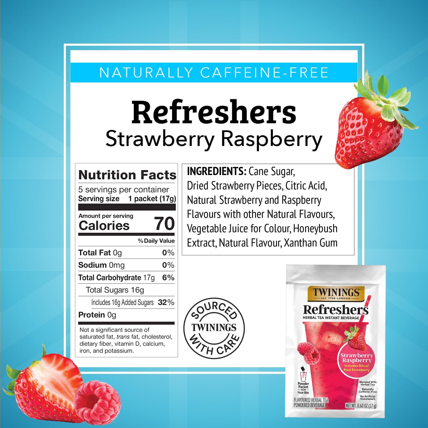 NEW Twinings Strawberry Raspberry Refreshers, Herbal Tea Instant Beverage with Real Strawberry Fruit Bits, 5 Count (Pack of 1), Café Style, No
